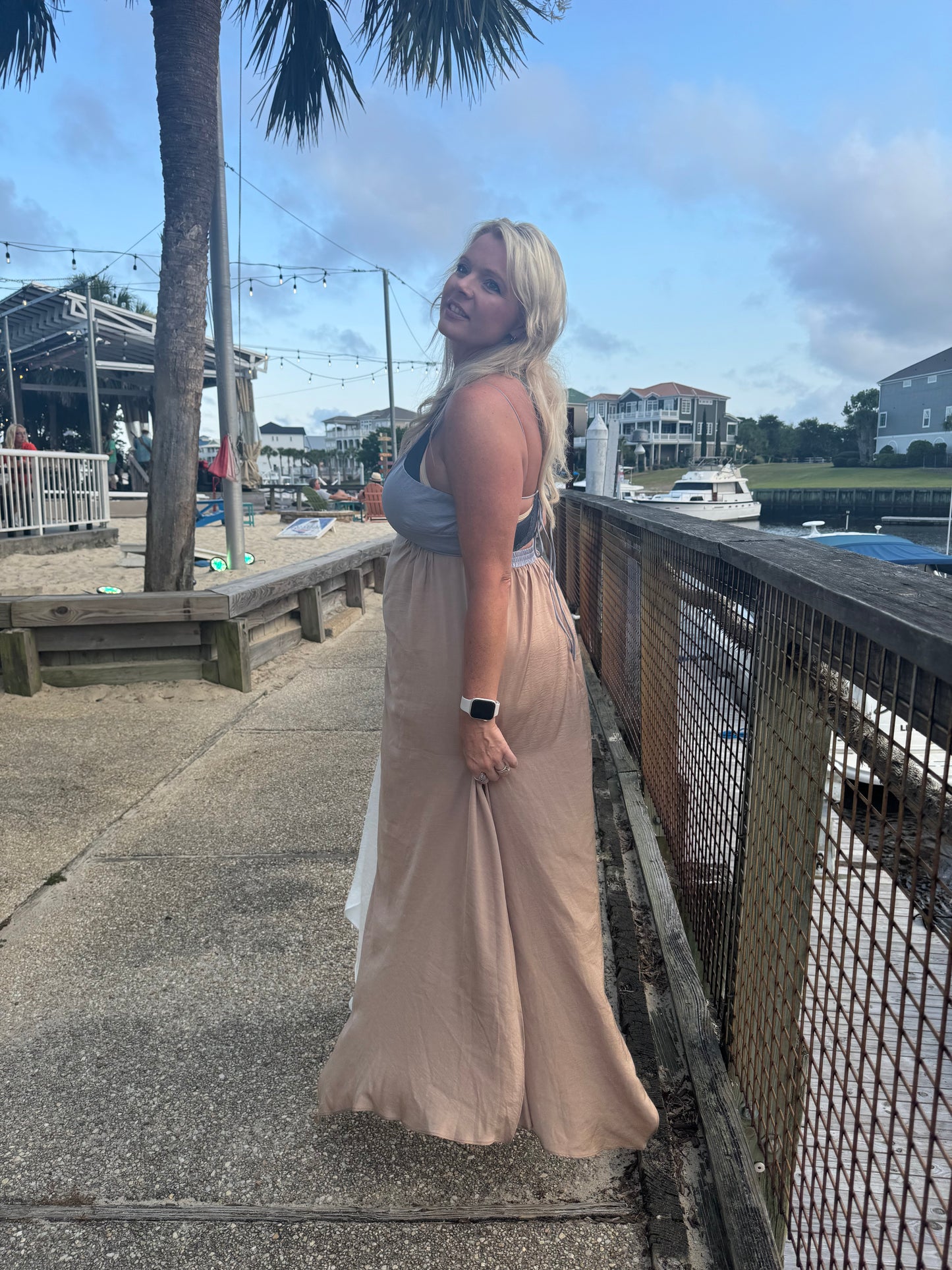 Madeline Open-Back Satin Colorblock Tulip Maxi Dress