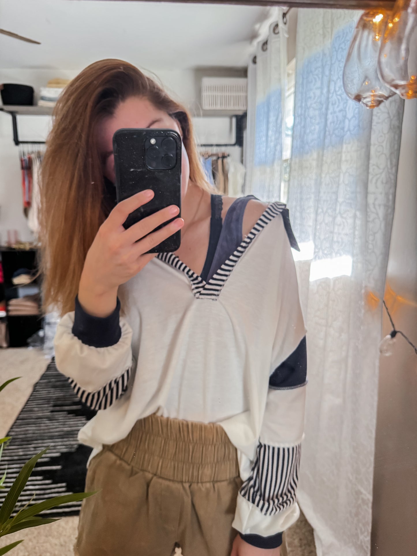 Callie Contrast Stitch Collared Long Sleeve Top