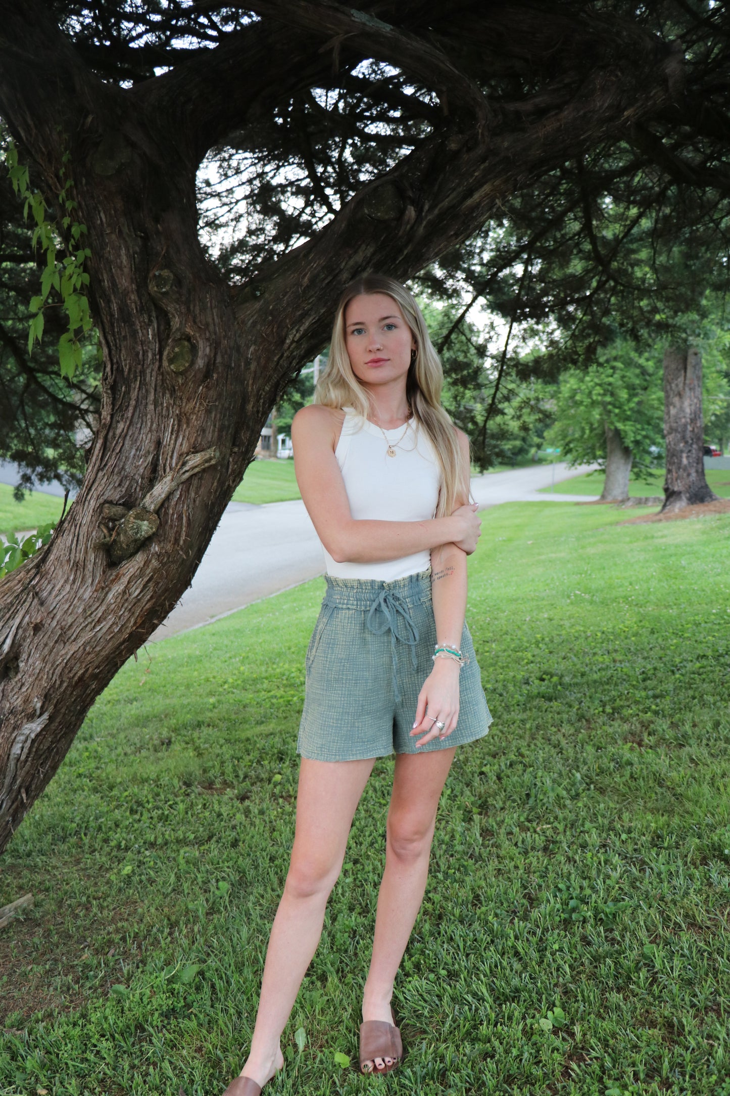 Green Washed Double Gauze Lightweight Drawstring Shorts