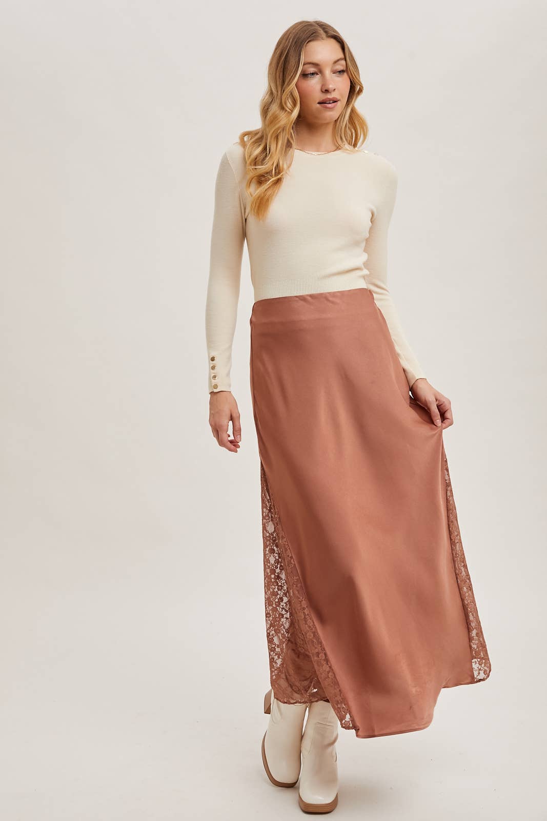LACE TRIMMED MID-RISE SATIN MIDI SKIRT