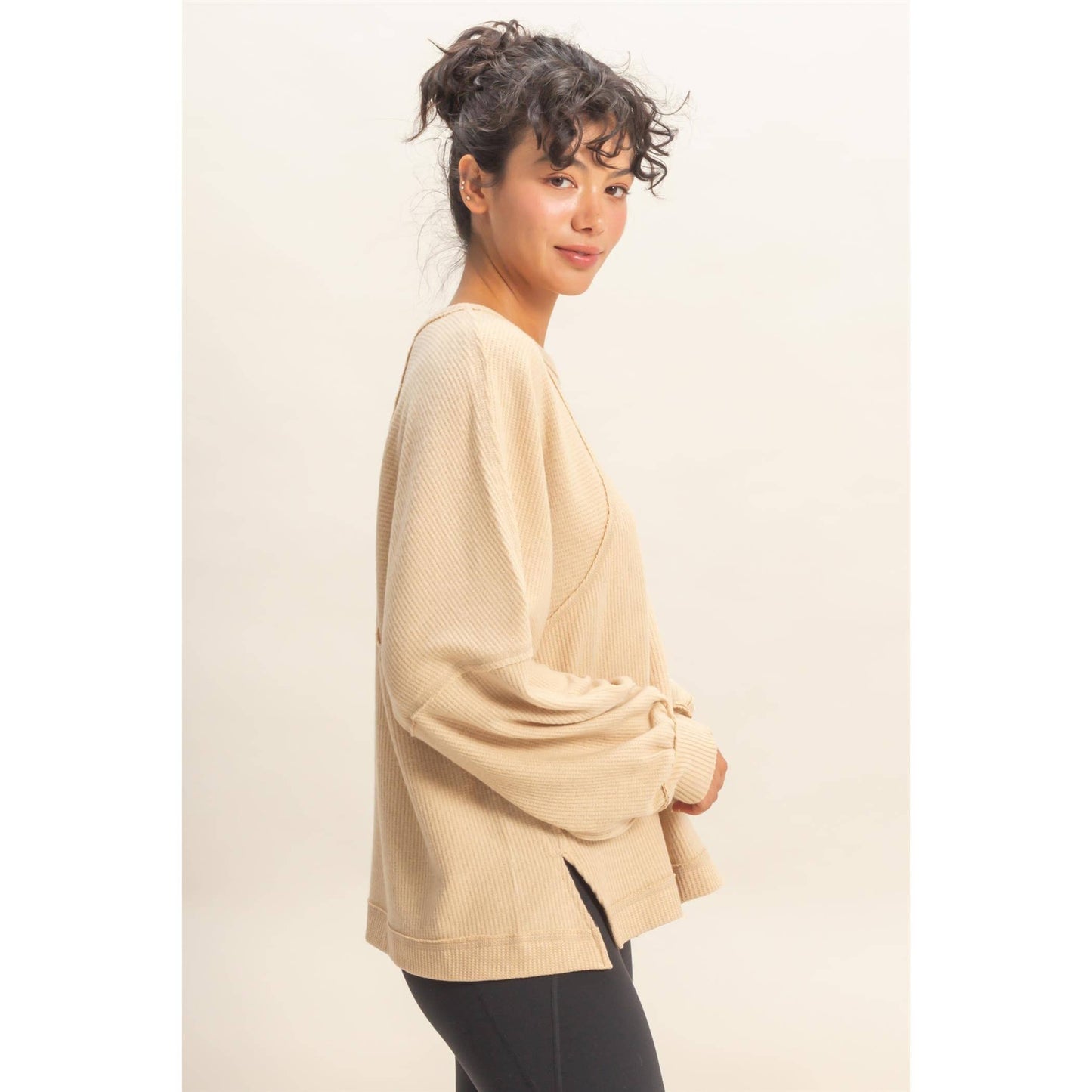 Brushed Waffle Long Sleeve Casual Top