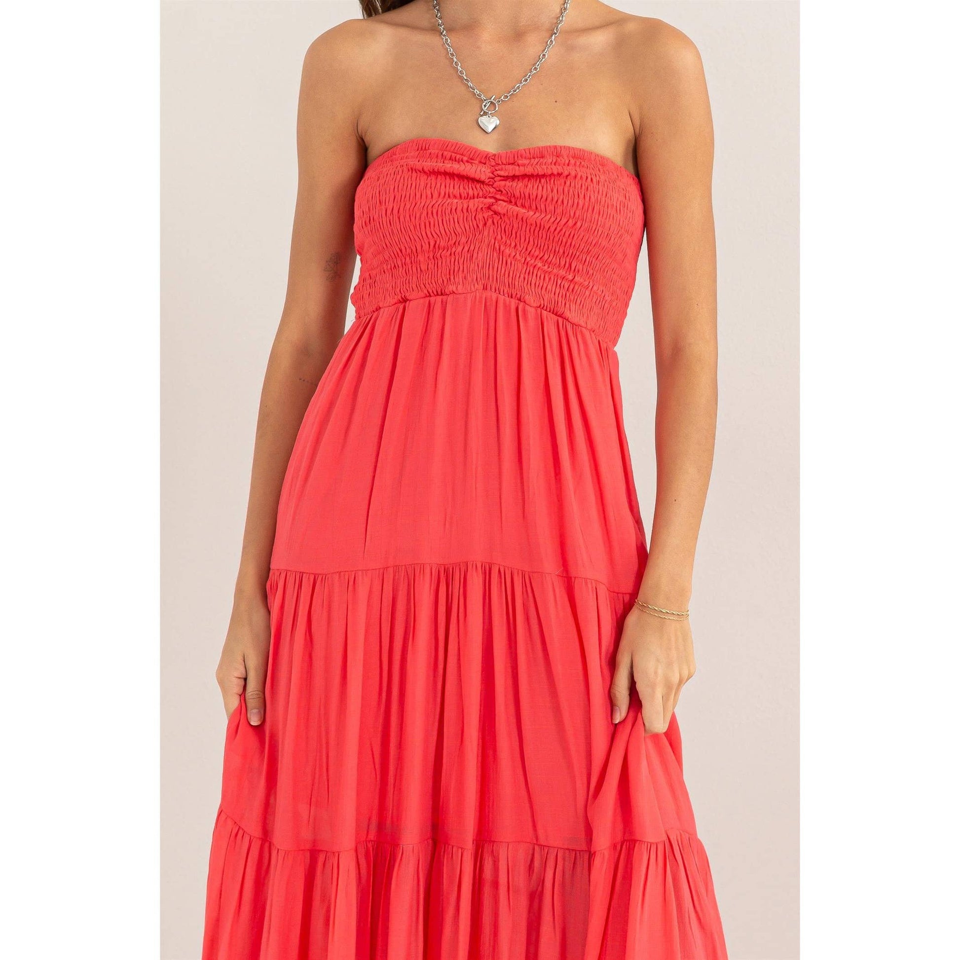 Smocked Strapless Tube Top Tiered Flowy Coral Maxi Dress