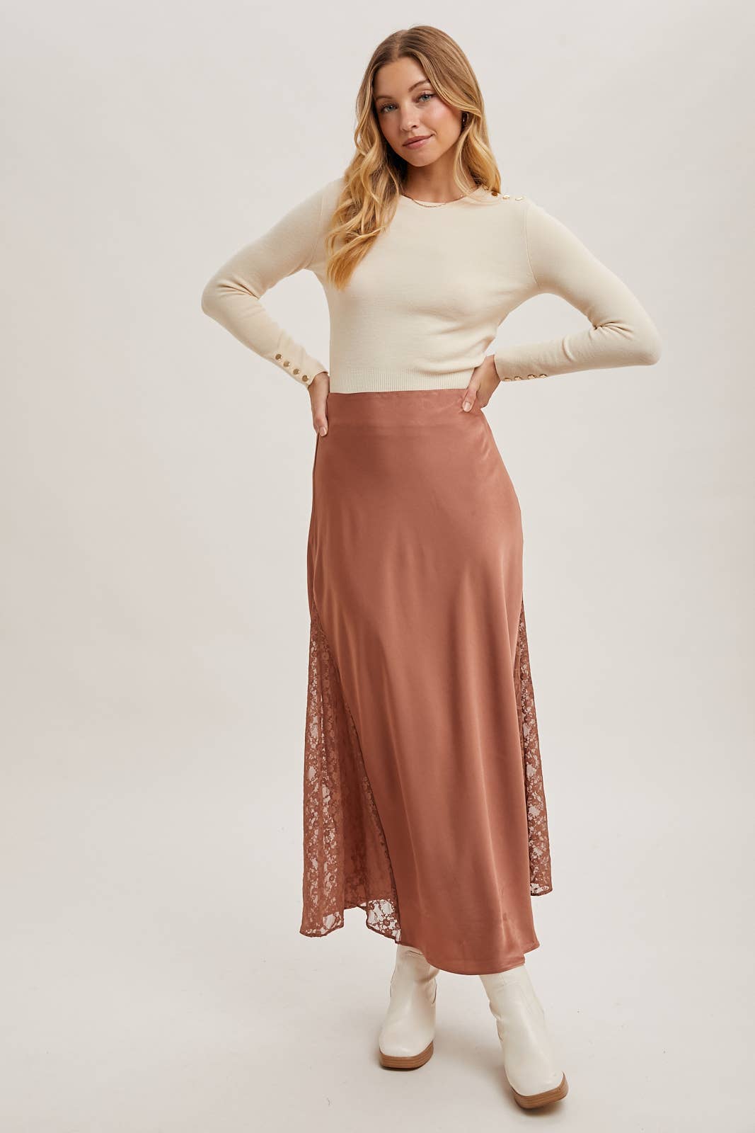 LACE TRIMMED MID-RISE SATIN MIDI SKIRT