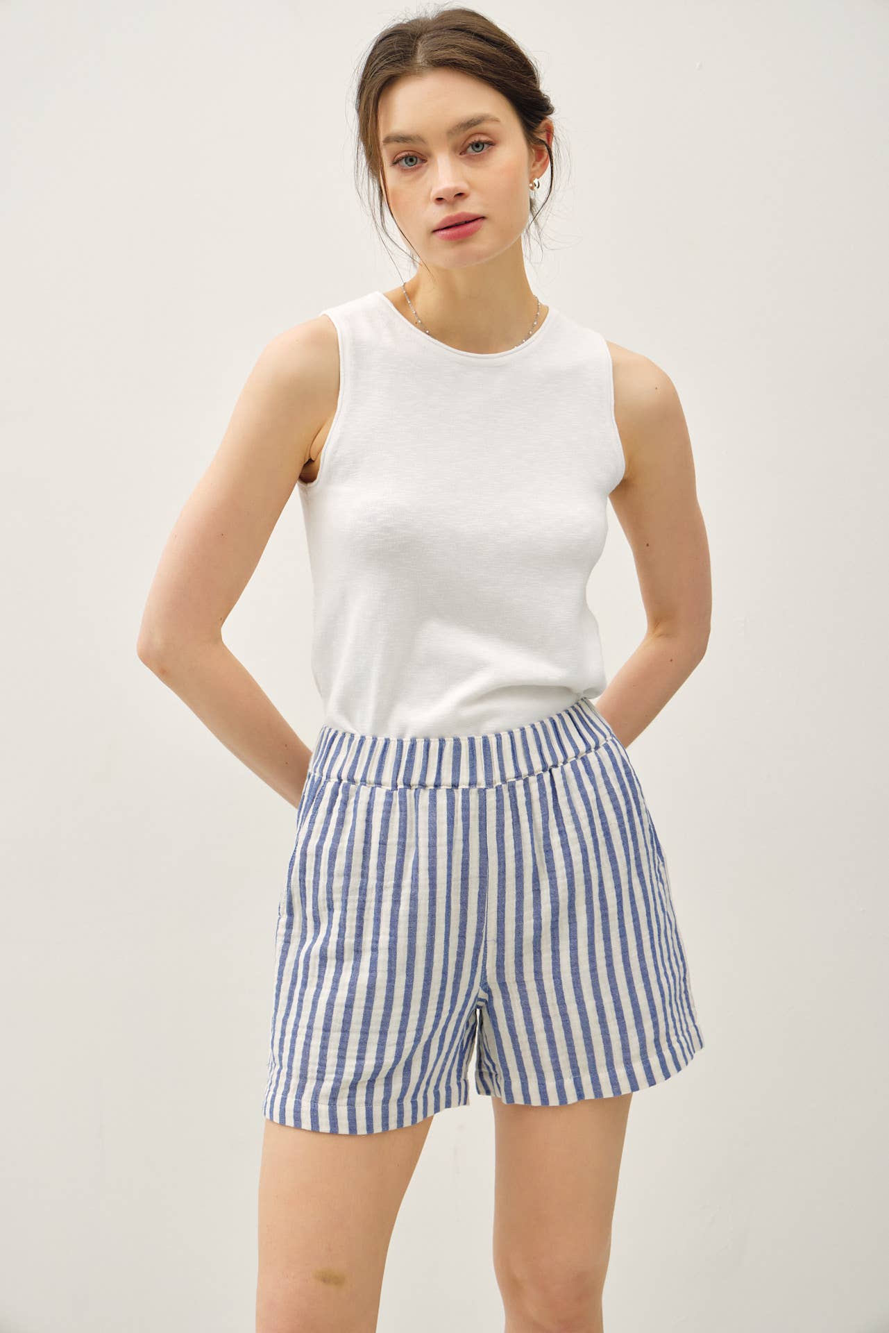 Blue and White Striped Cotton Gauze Summer Short