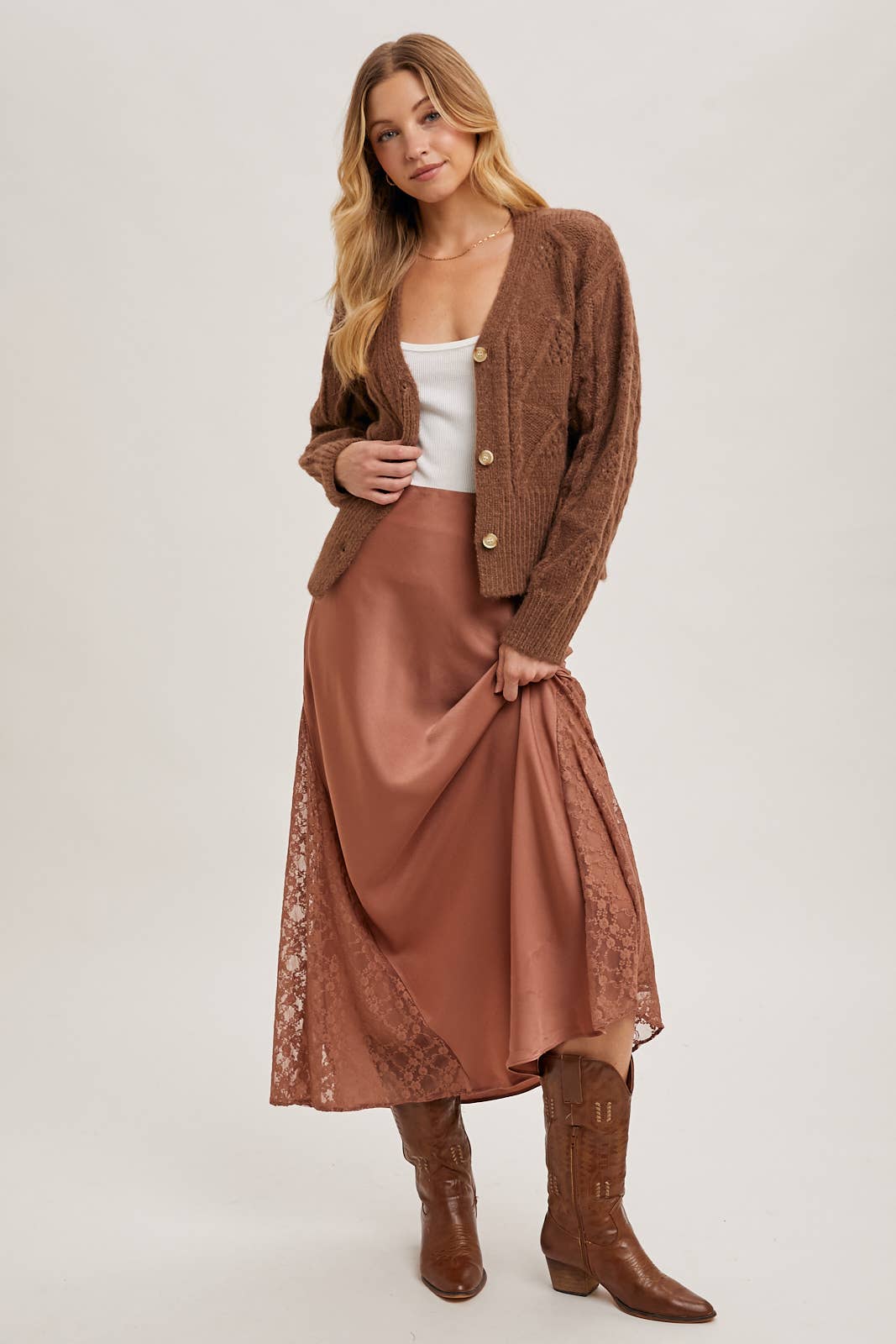 LACE TRIMMED MID-RISE SATIN MIDI SKIRT