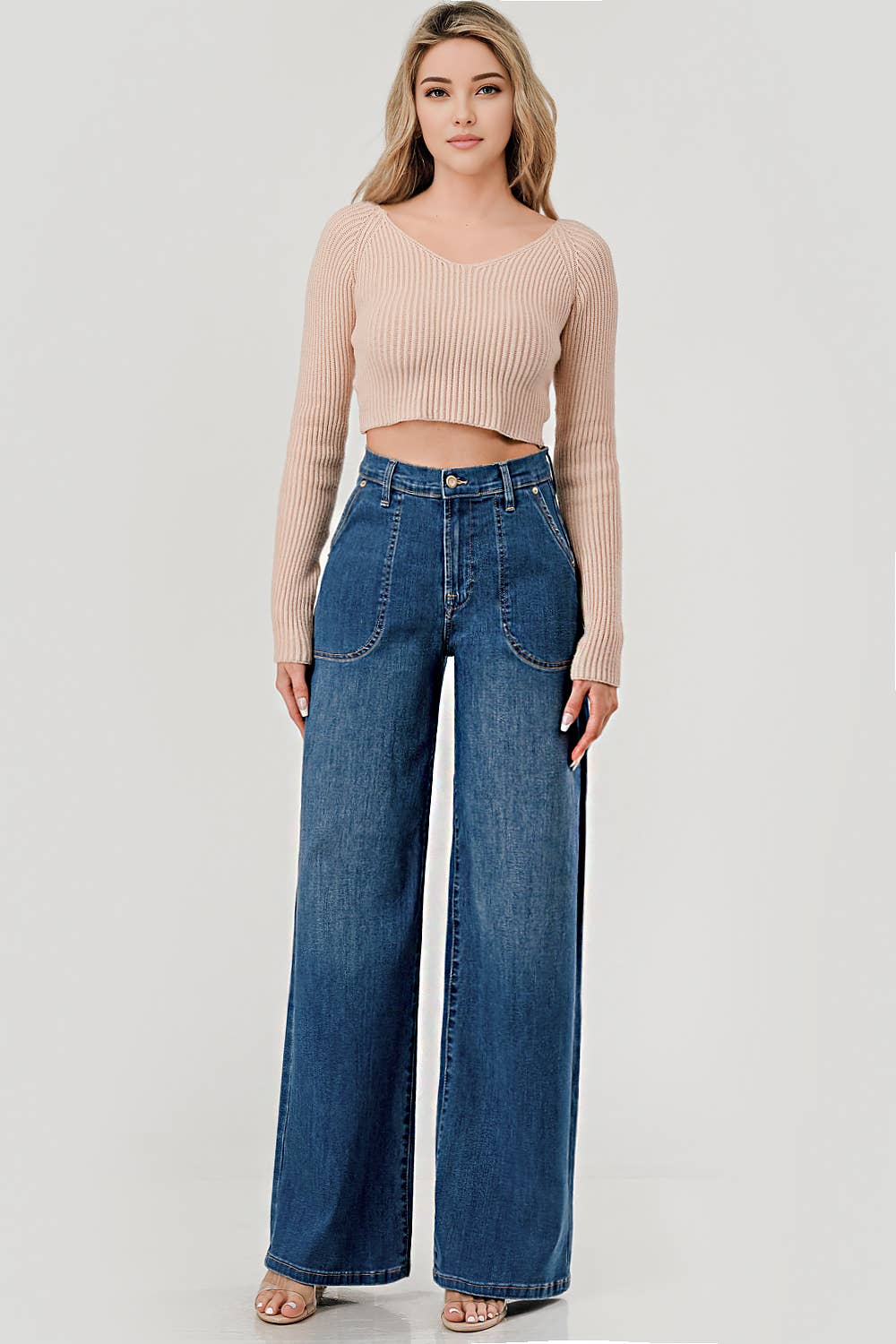 Medium Wash High Rise Patched Pocket Wide Leg Jeans