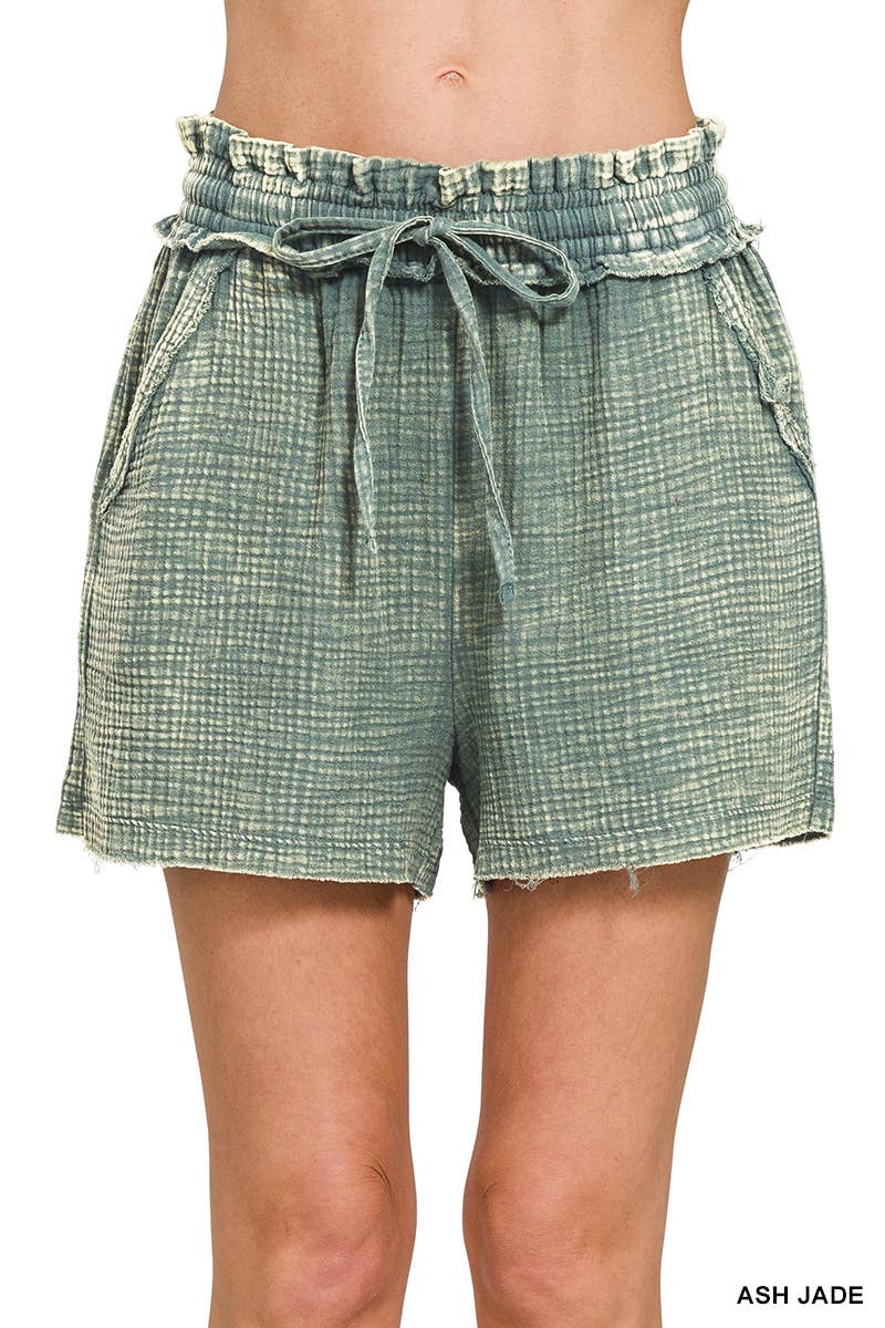 Green Washed Double Gauze Lightweight Drawstring Shorts