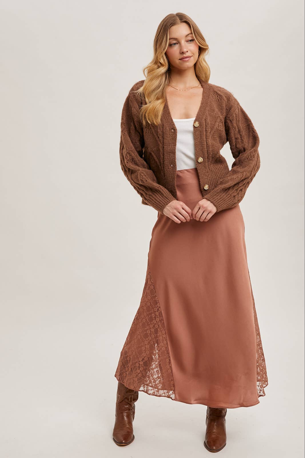 LACE TRIMMED MID-RISE SATIN MIDI SKIRT