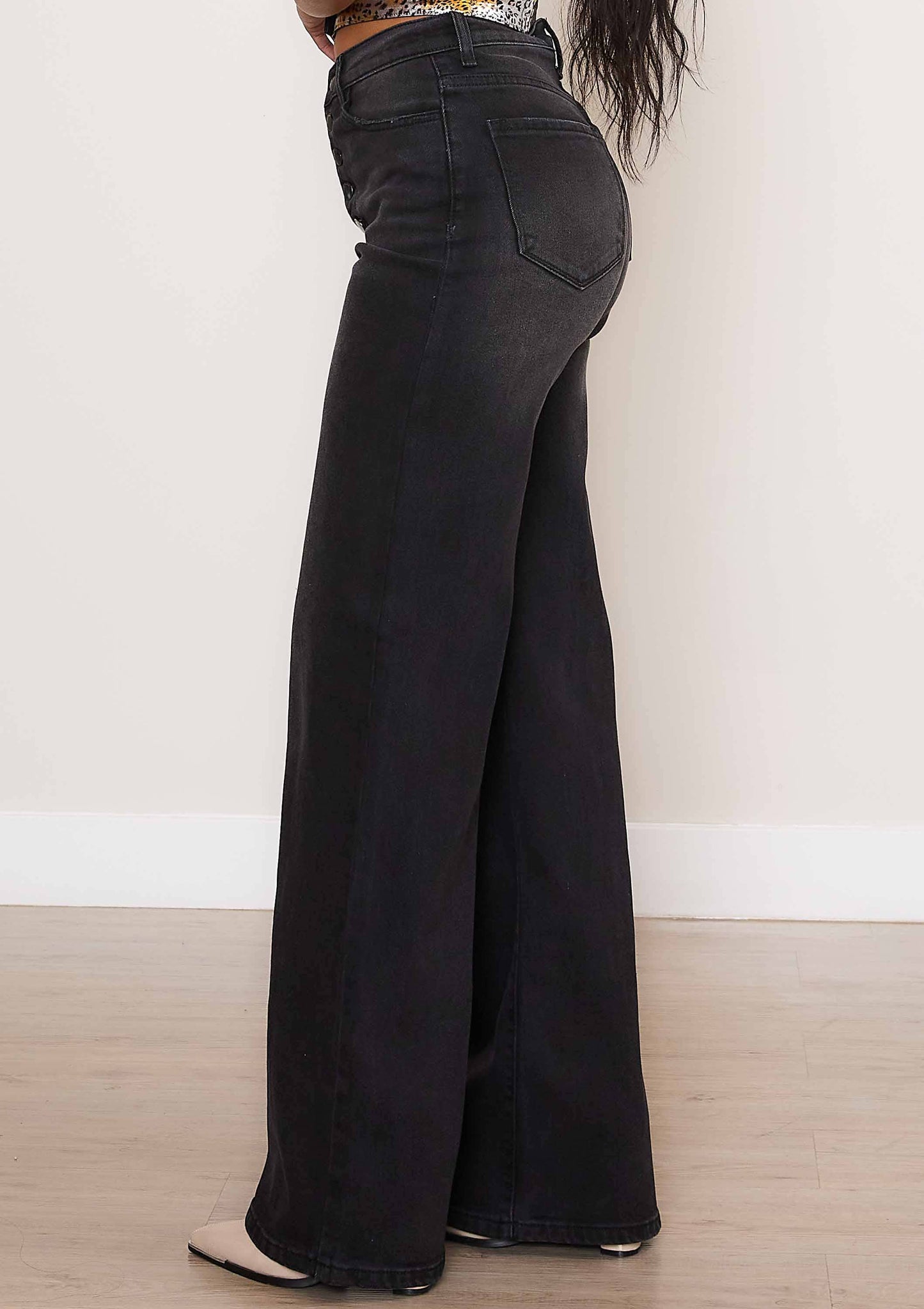 Everyday Black High-Waist Button Up Wide Leg Jeans