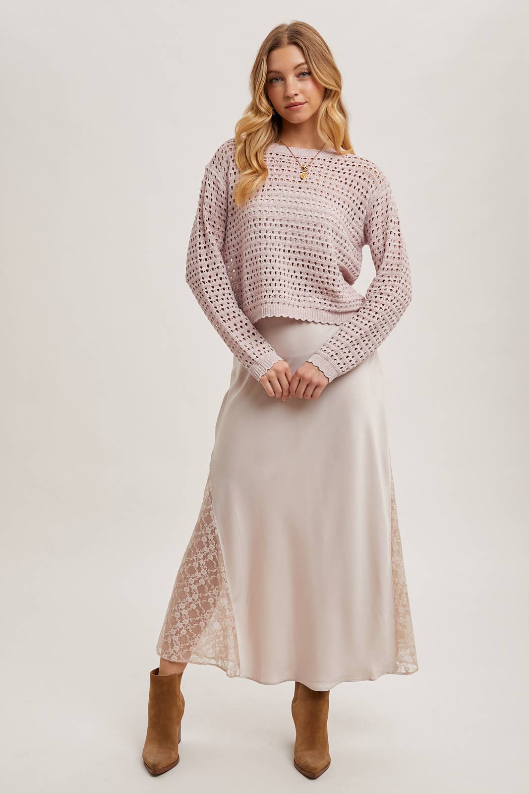 LACE TRIMMED MID-RISE SATIN MIDI SKIRT