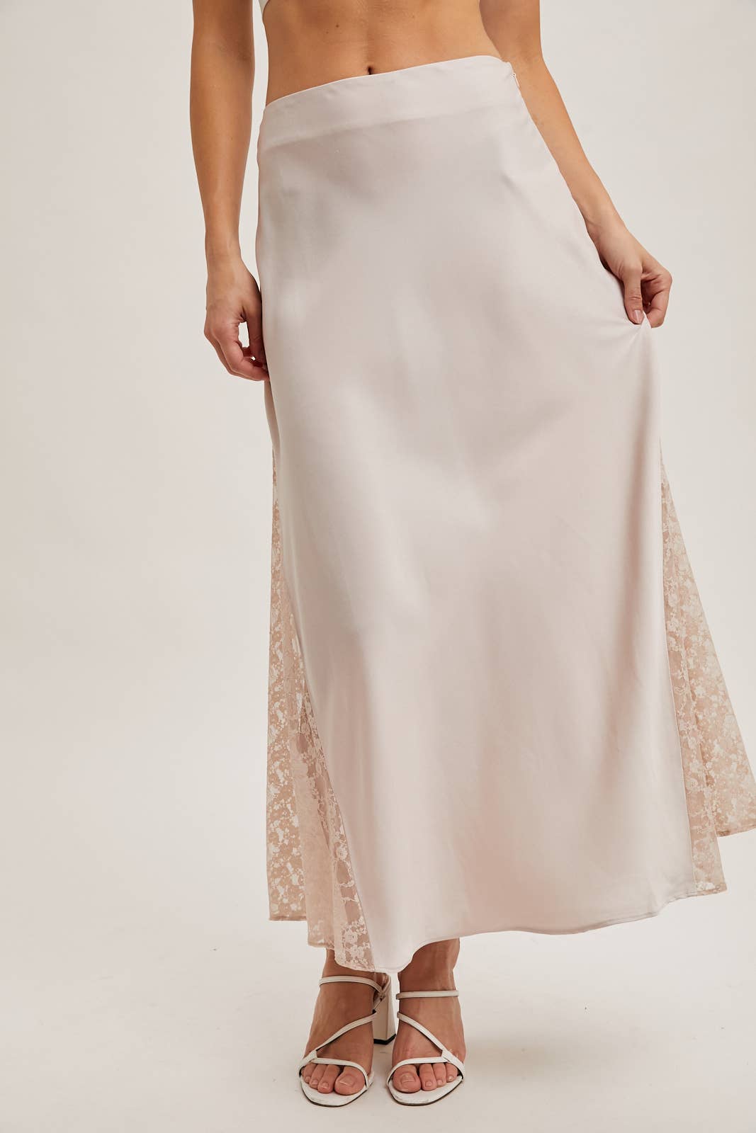 LACE TRIMMED MID-RISE SATIN MIDI SKIRT
