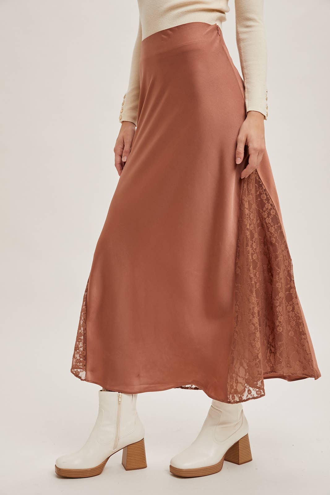 LACE TRIMMED MID-RISE SATIN MIDI SKIRT
