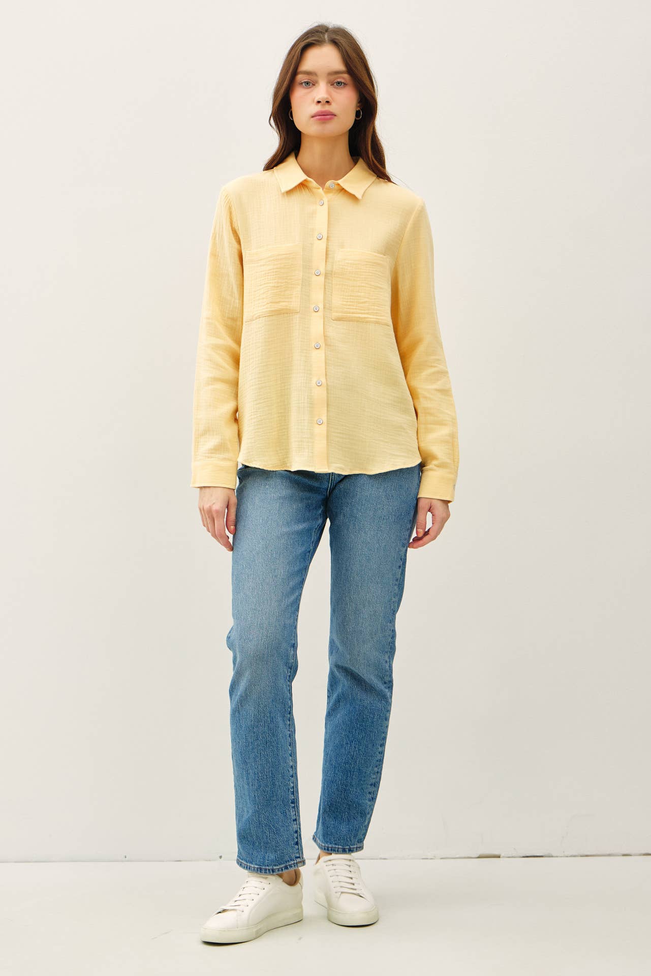 Beach Banana Cotton Gauze Button Up Long Sleeve Top