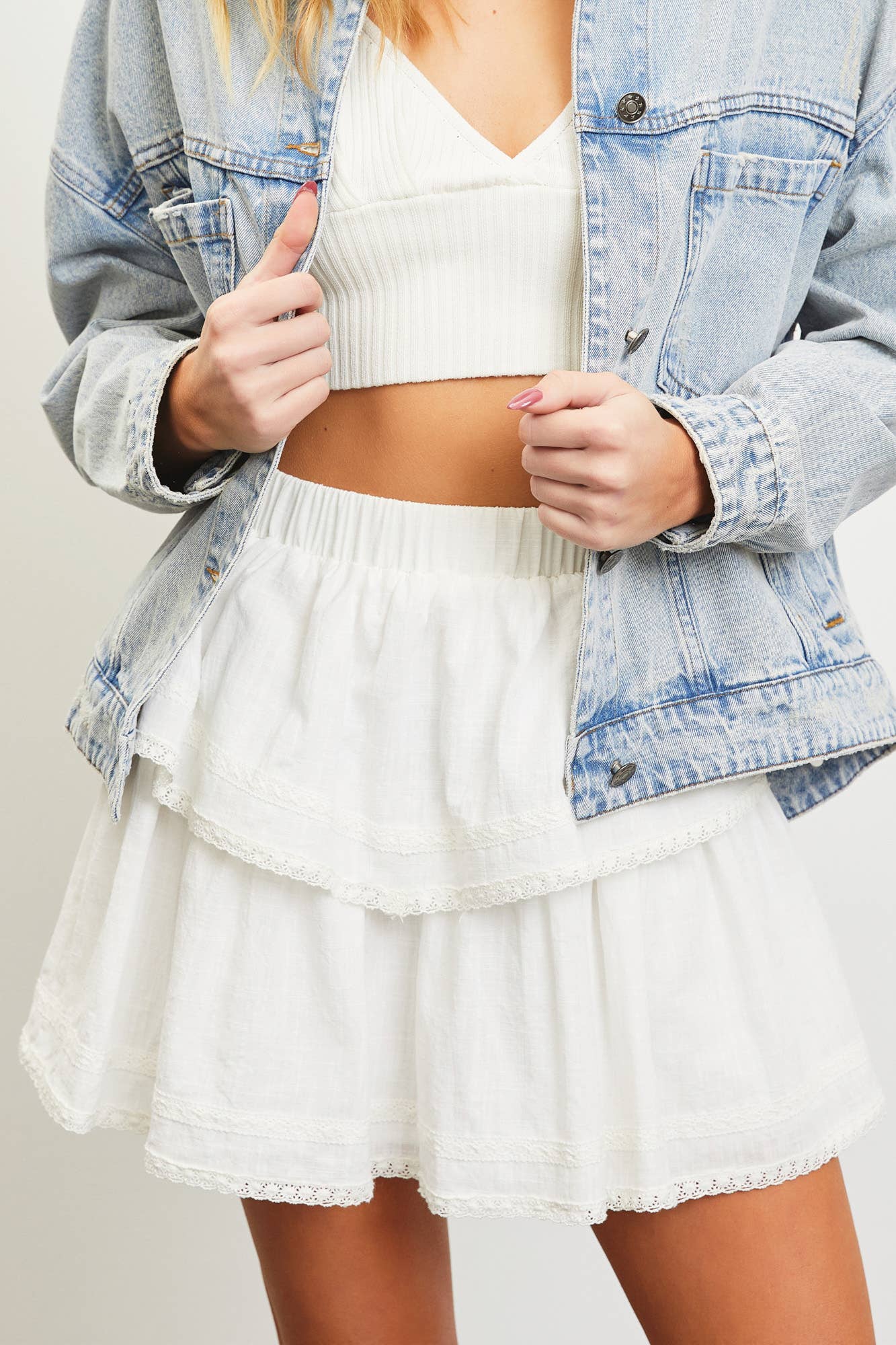 Lace Trim Tiered Ruffle Double Layer Lucy Mini Skirt