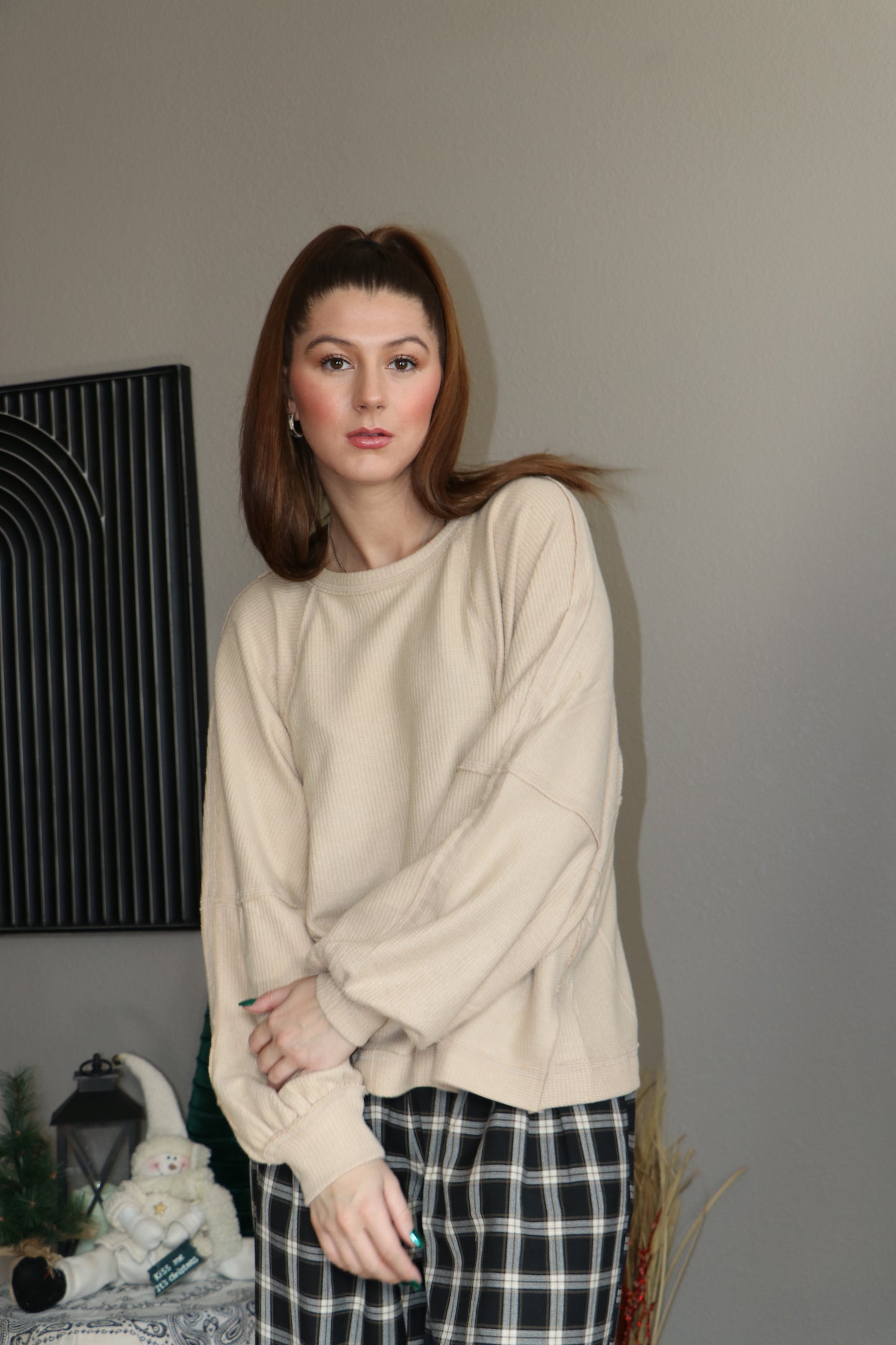 Brushed Waffle Long Sleeve Casual Top