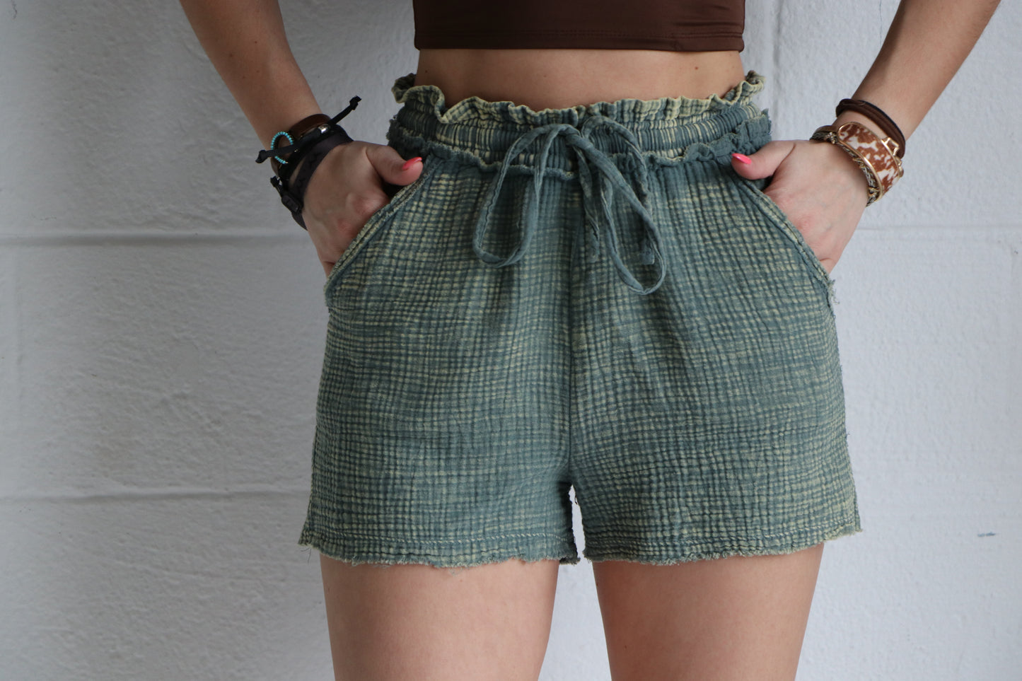 Green Washed Double Gauze Lightweight Drawstring Shorts