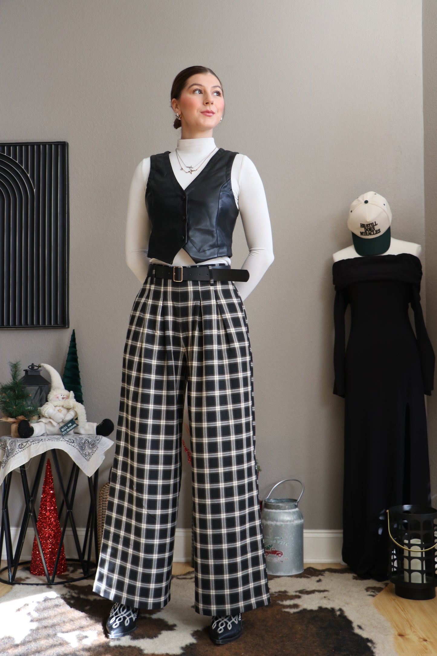 Pleats Detail Belted Side Zipper Plaid Woven Wide Long Pants