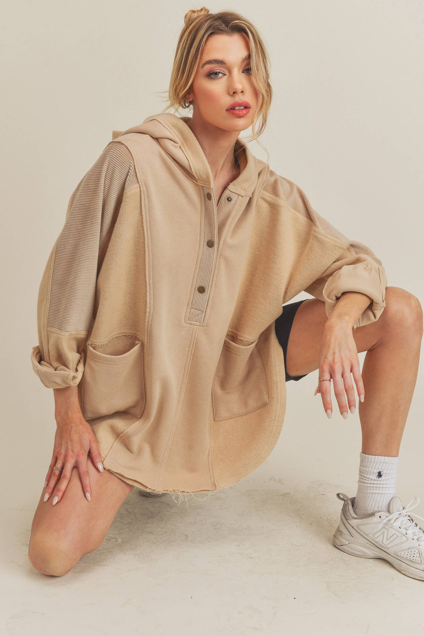 Mix Media Button Up Hooded Pullover