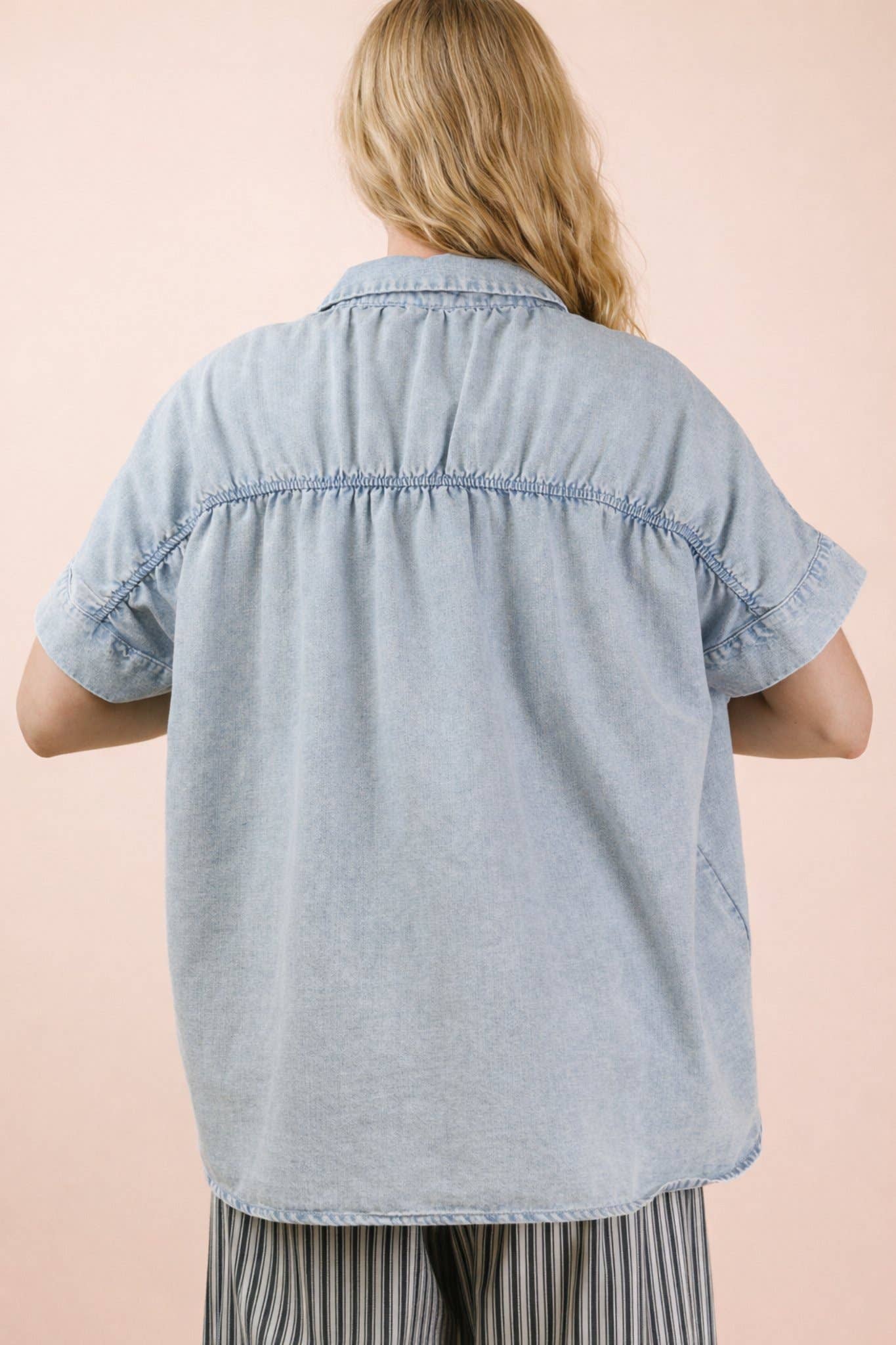 Oversized Chambray Denim Shirt | Mineral Washed Button Down Top