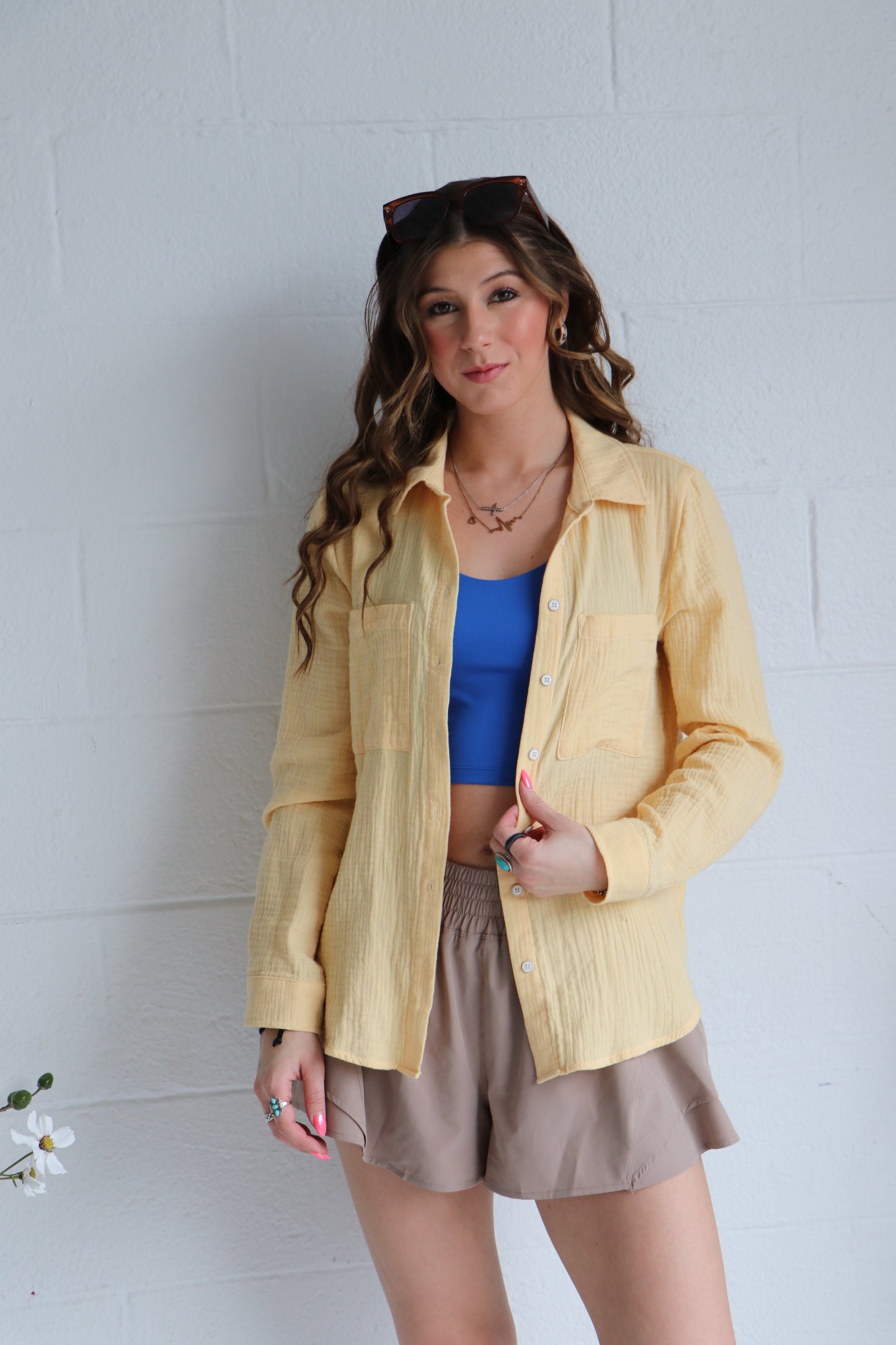 Beach Banana Cotton Gauze Button Up Long Sleeve Top