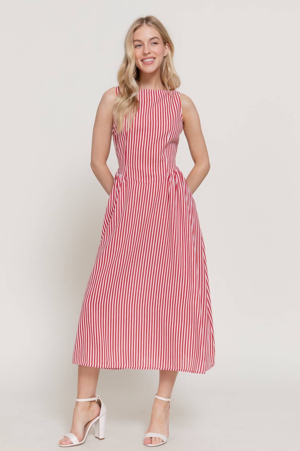 Sweet Liberty Boat Neck Striped Linen Effect Midi Dress
