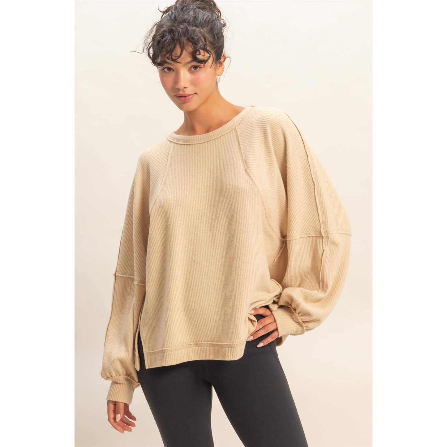 Brushed Waffle Long Sleeve Casual Top