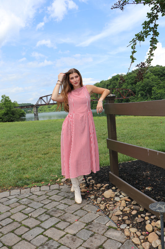 Sweet Liberty Boat Neck Striped Linen Effect Midi Dress
