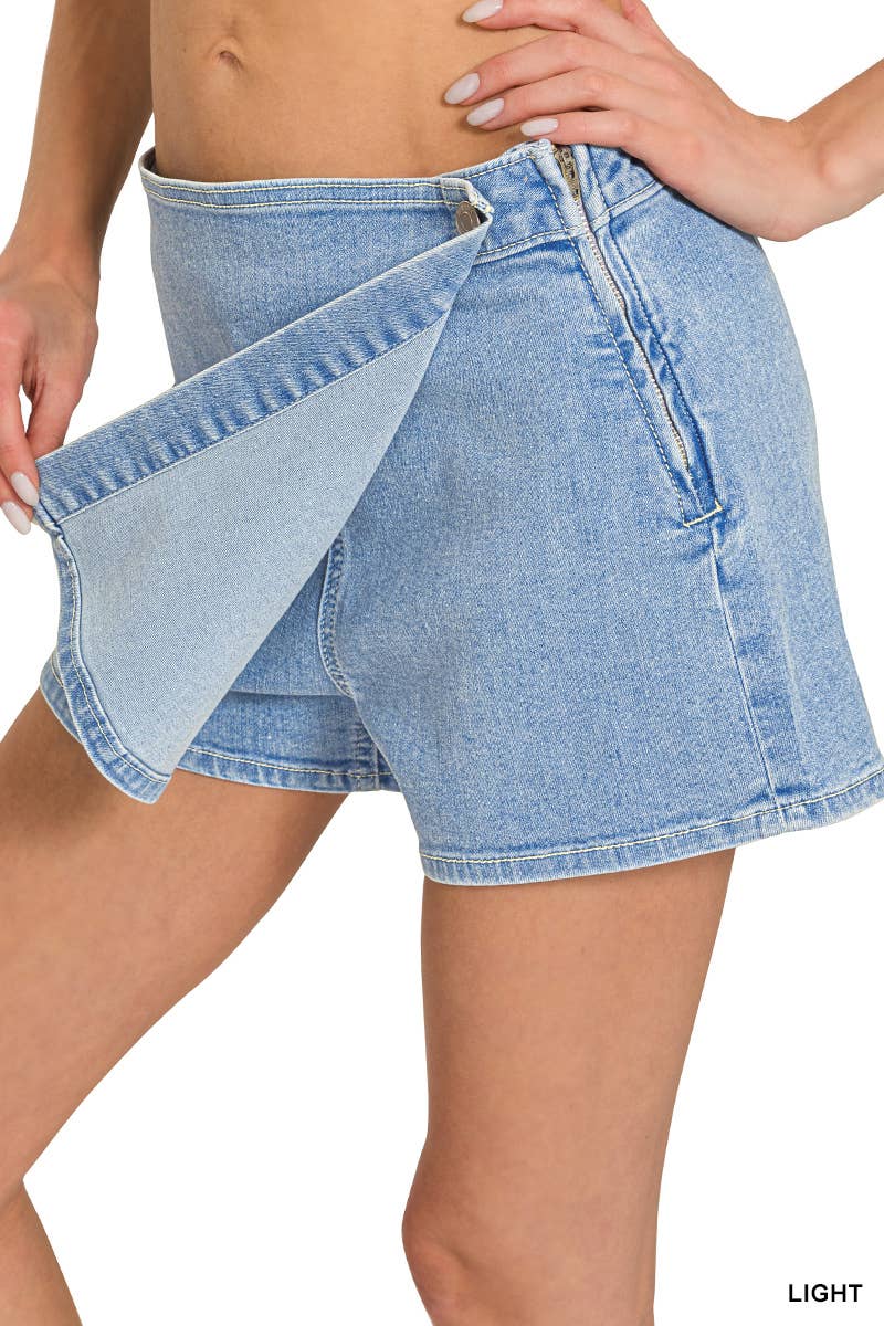 Wrap Front Zip Up Denim Skort