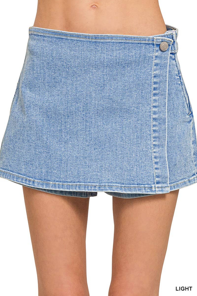 Wrap Front Zip Up Denim Skort