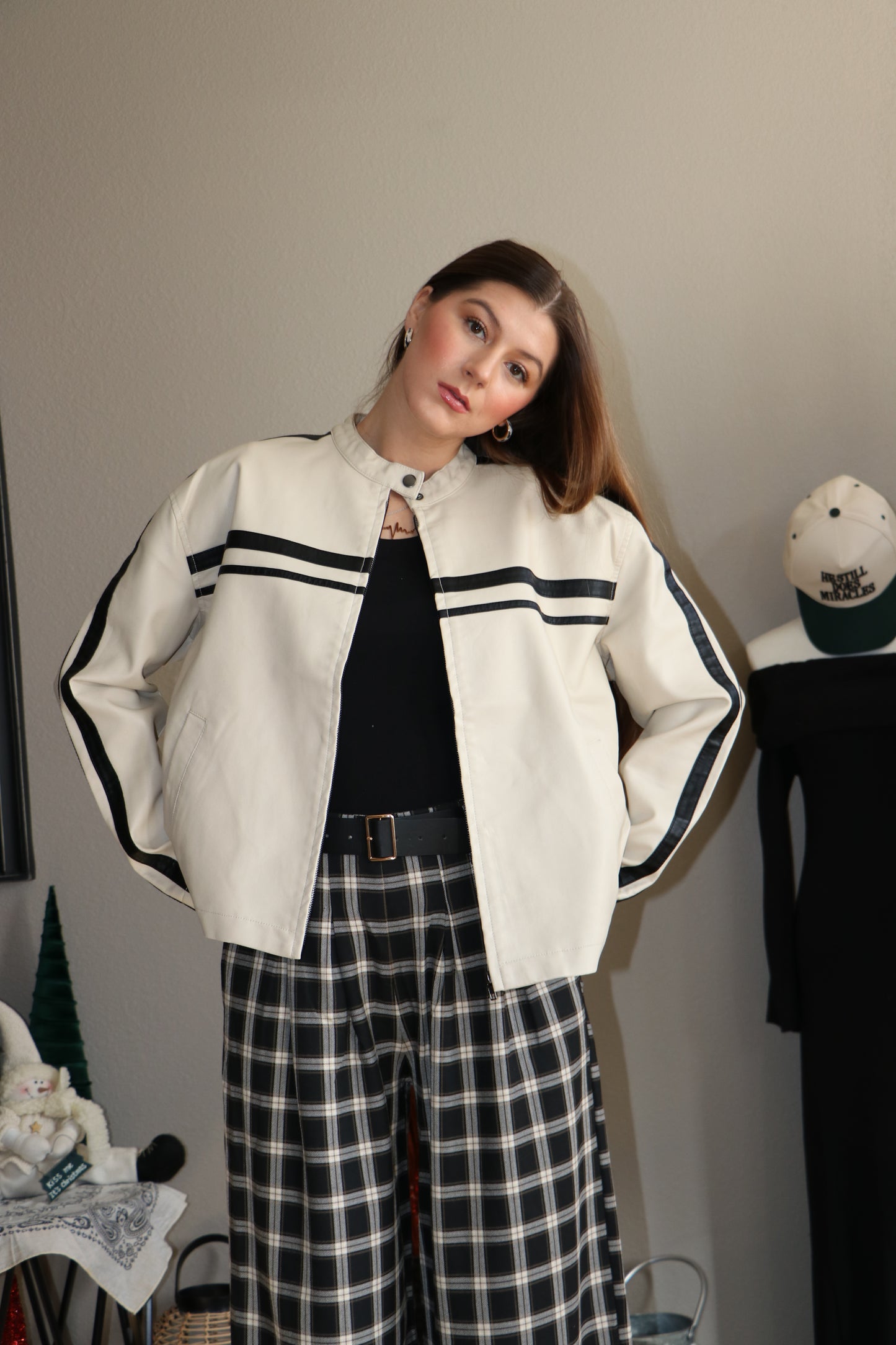 Long Sleeve Line Detail Washed Effect Faux Leather Jacket