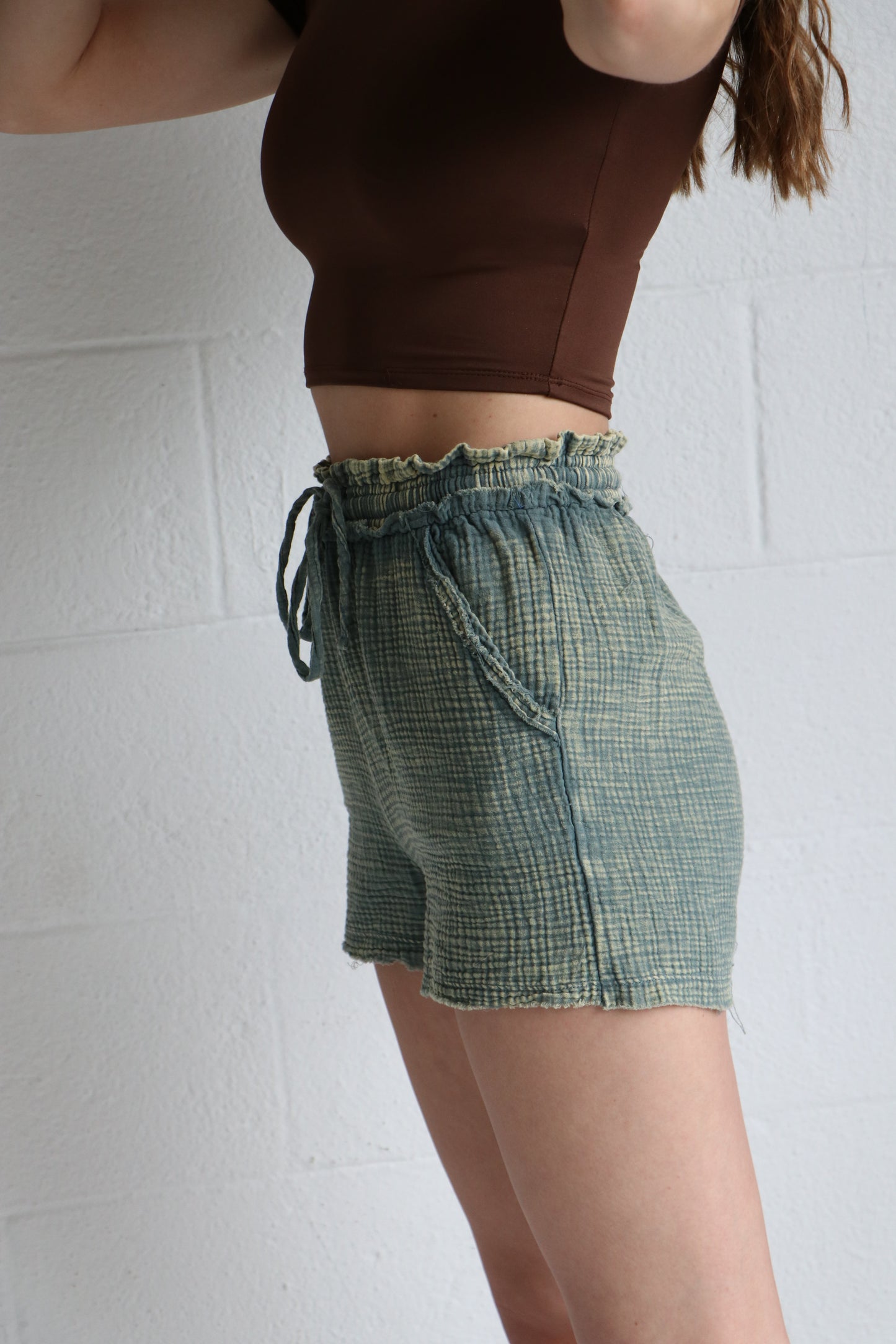 Green Washed Double Gauze Lightweight Drawstring Shorts