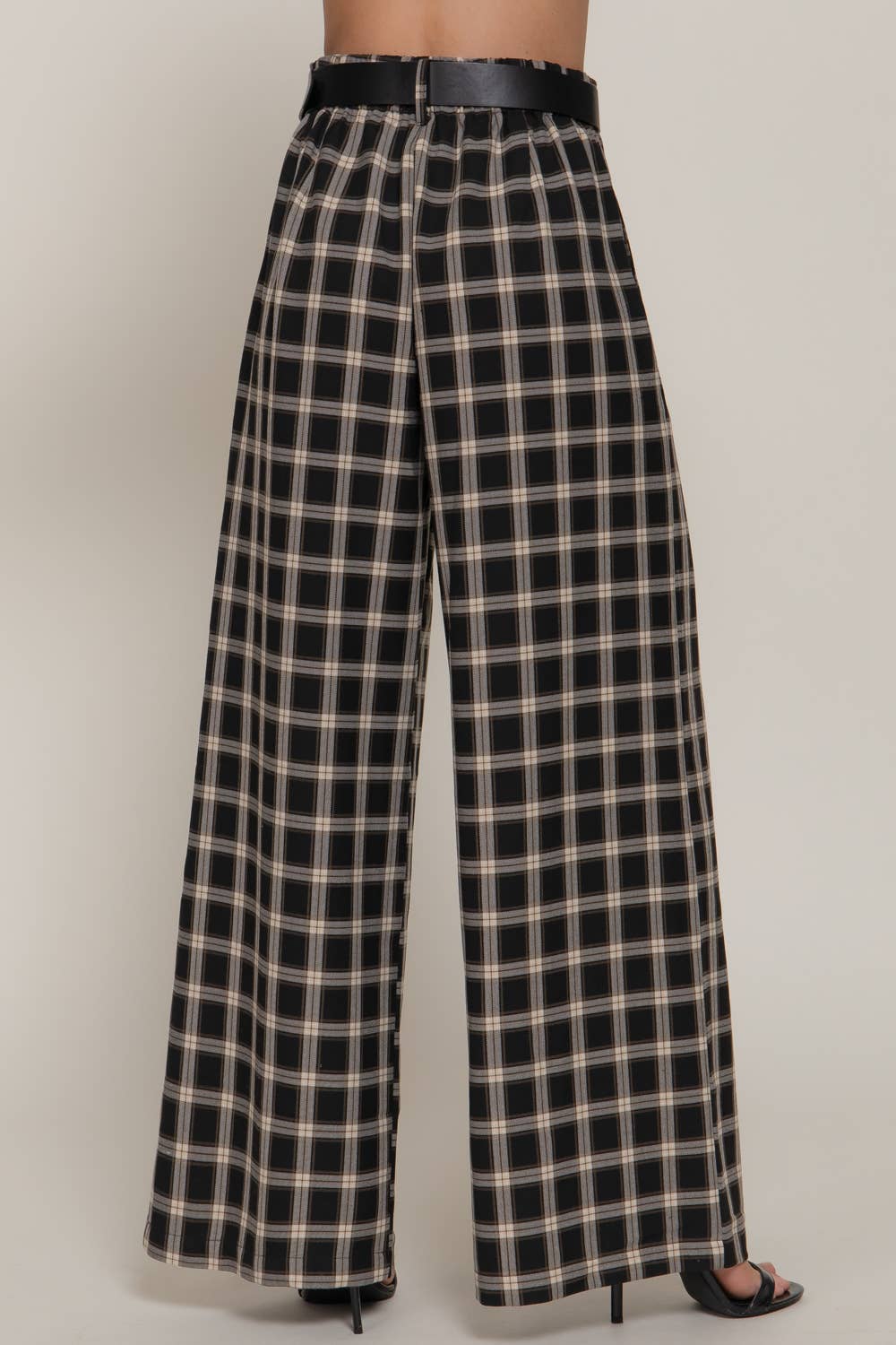 Pleats Detail Belted Side Zipper Plaid Woven Wide Long Pants