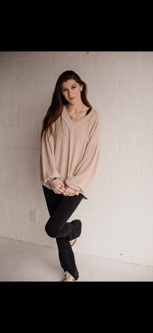 Two Tone Otto Ribbed V-Neck Oversized Knit Top