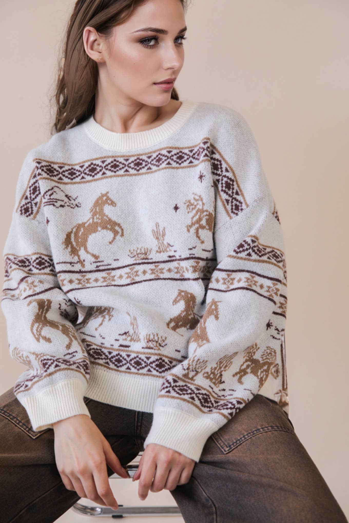 Oversized Western Horse Graphic Knit Sweater Top