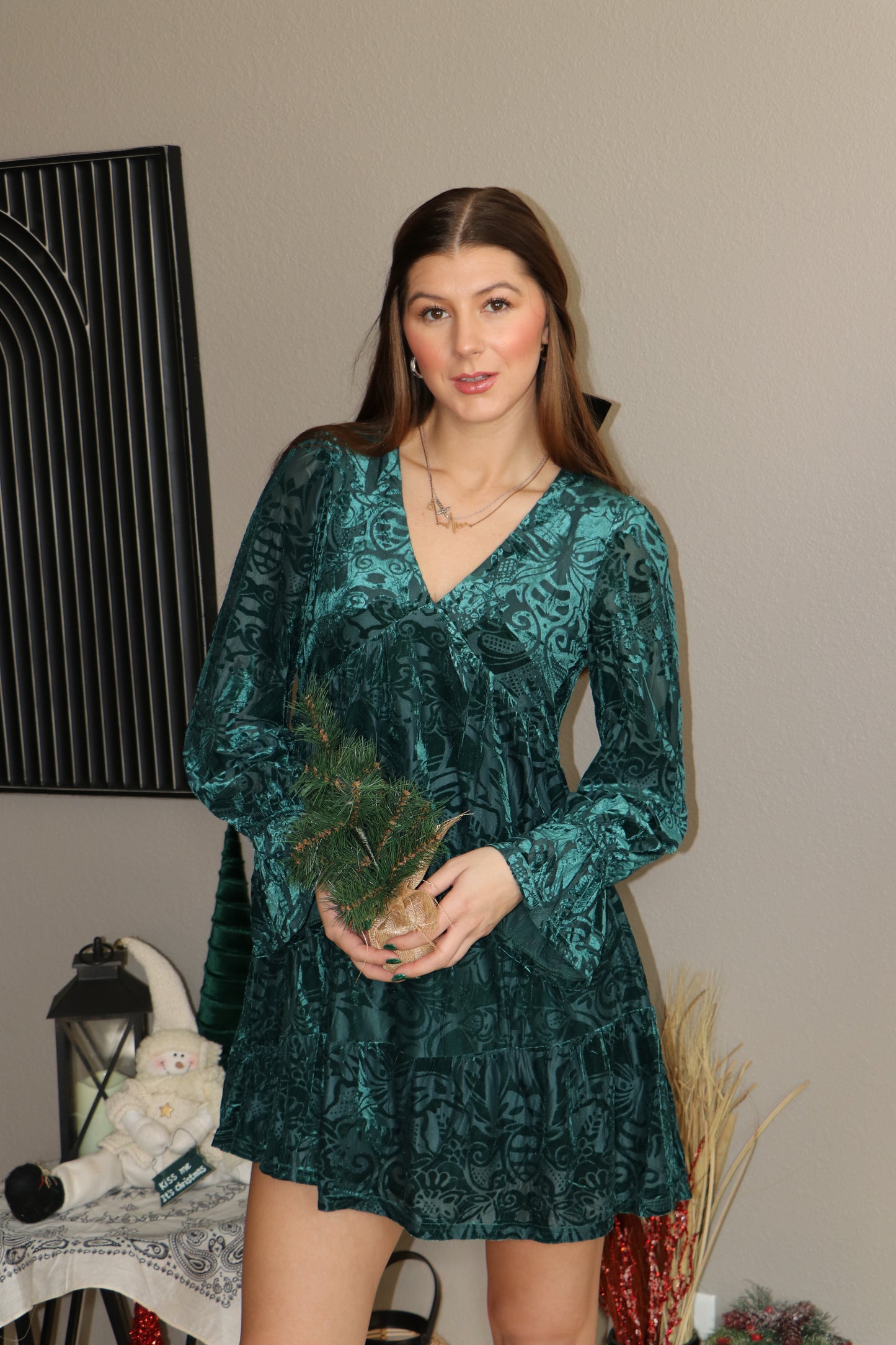 Deep V-neck Jacquard Velvet Holiday Mini Dress