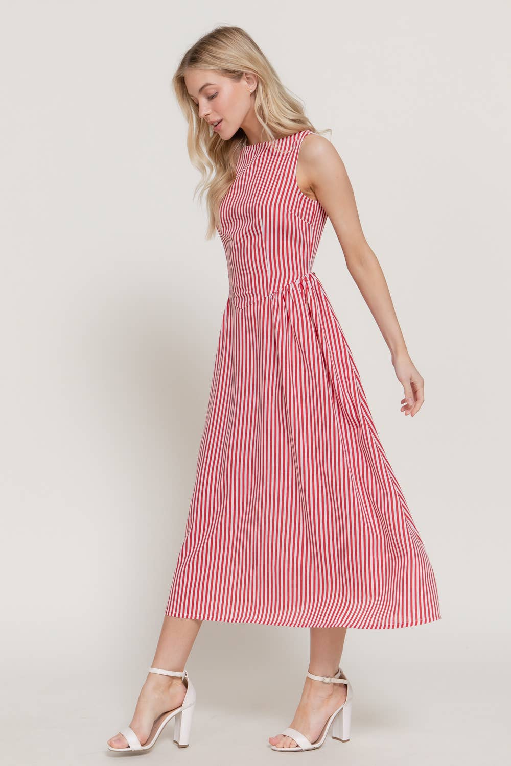 Sweet Liberty Boat Neck Striped Linen Effect Midi Dress
