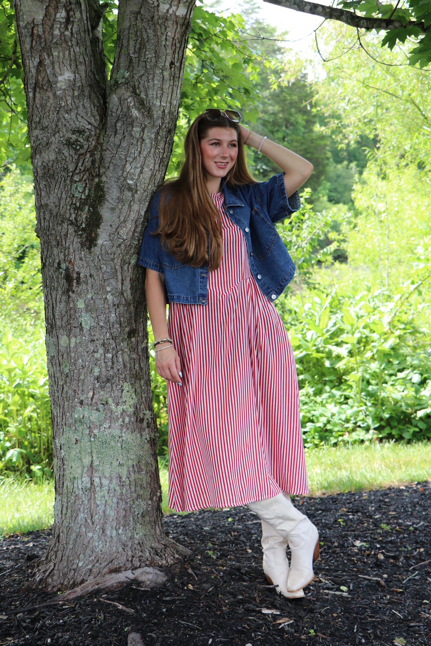 Sweet Liberty Boat Neck Striped Linen Effect Midi Dress