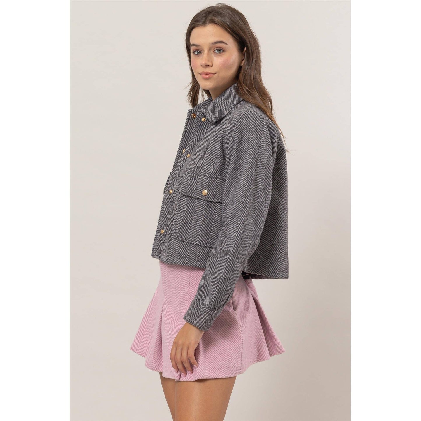 Herringbone Crop Button Down Jacket