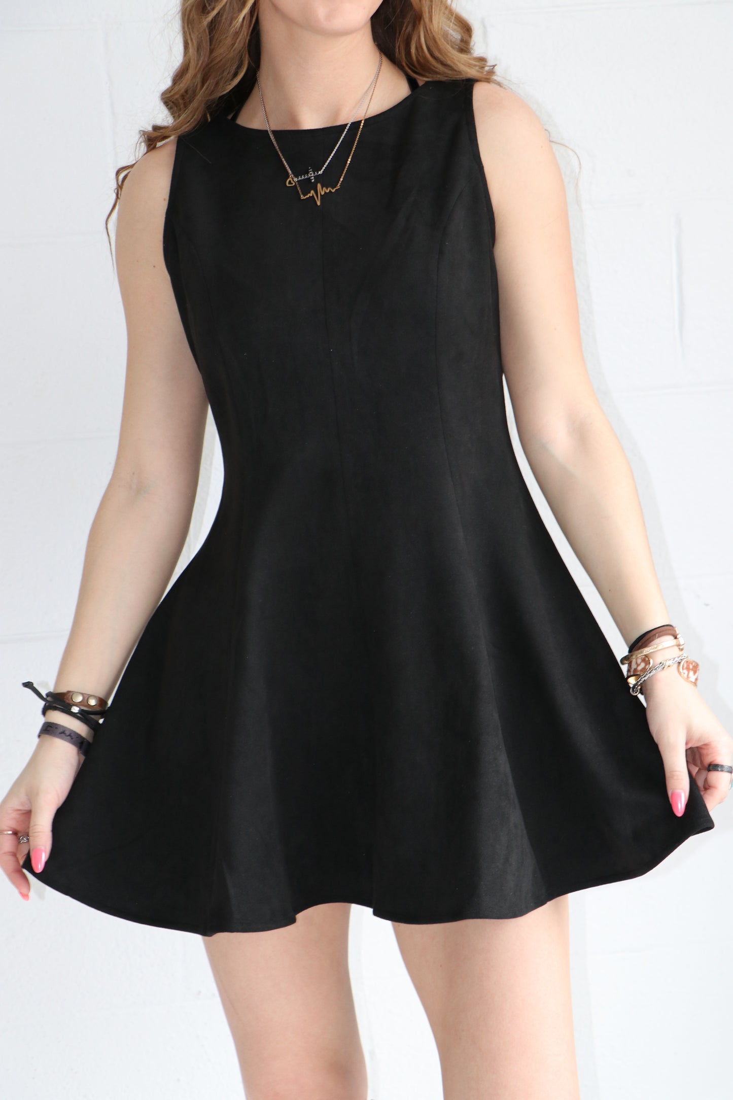Sleeveless Flared Suede Princess Mini Dress