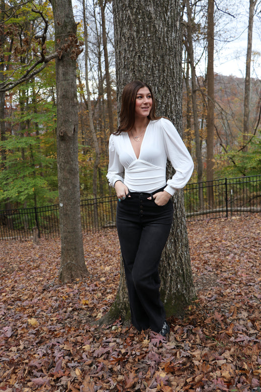 Plunge Neck Peasant Sleeve Bodysuit