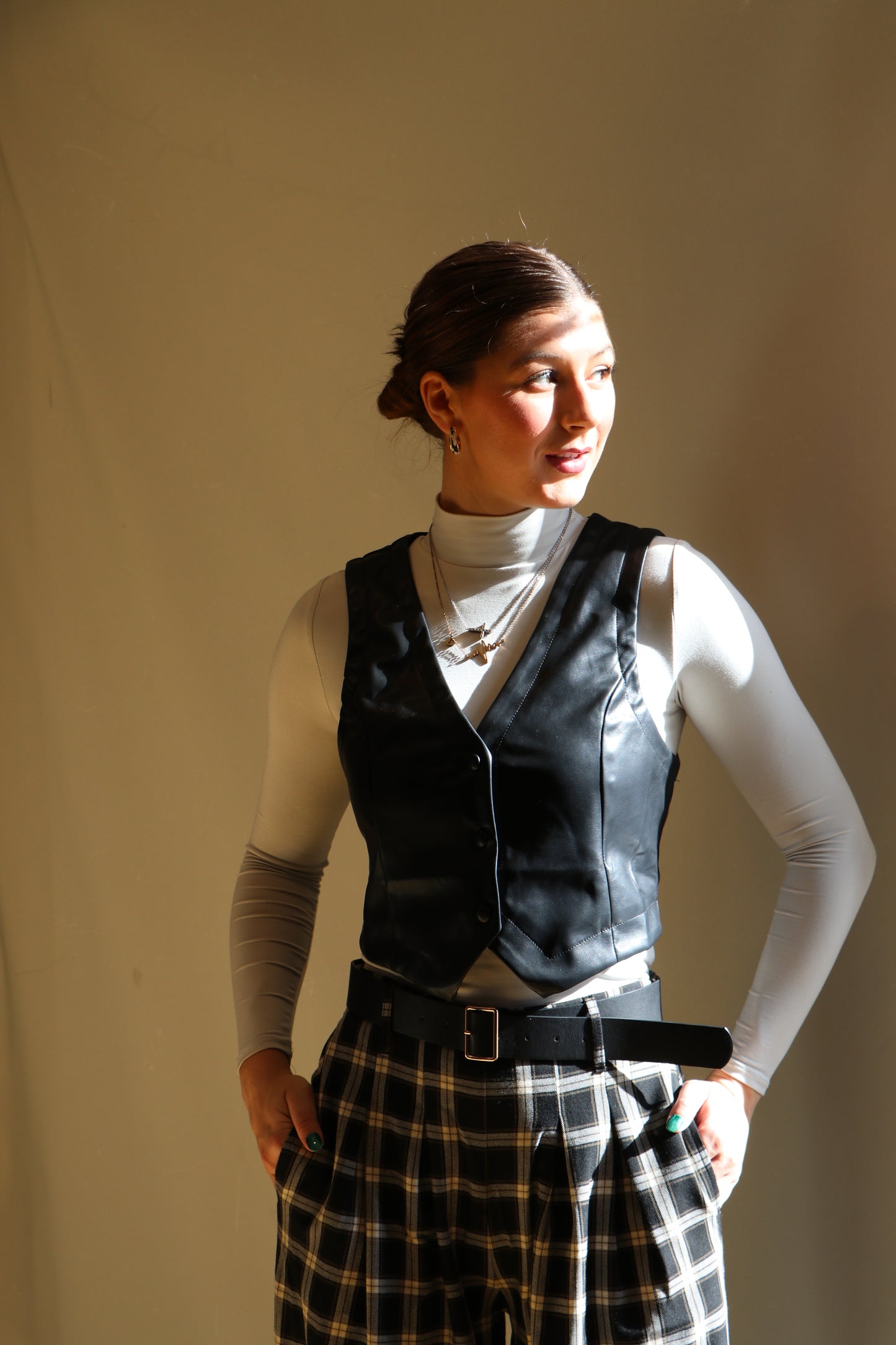 Faux Leather SleevelessButton Up Vest