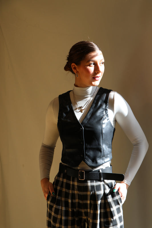 Faux Leather SleevelessButton Up Vest