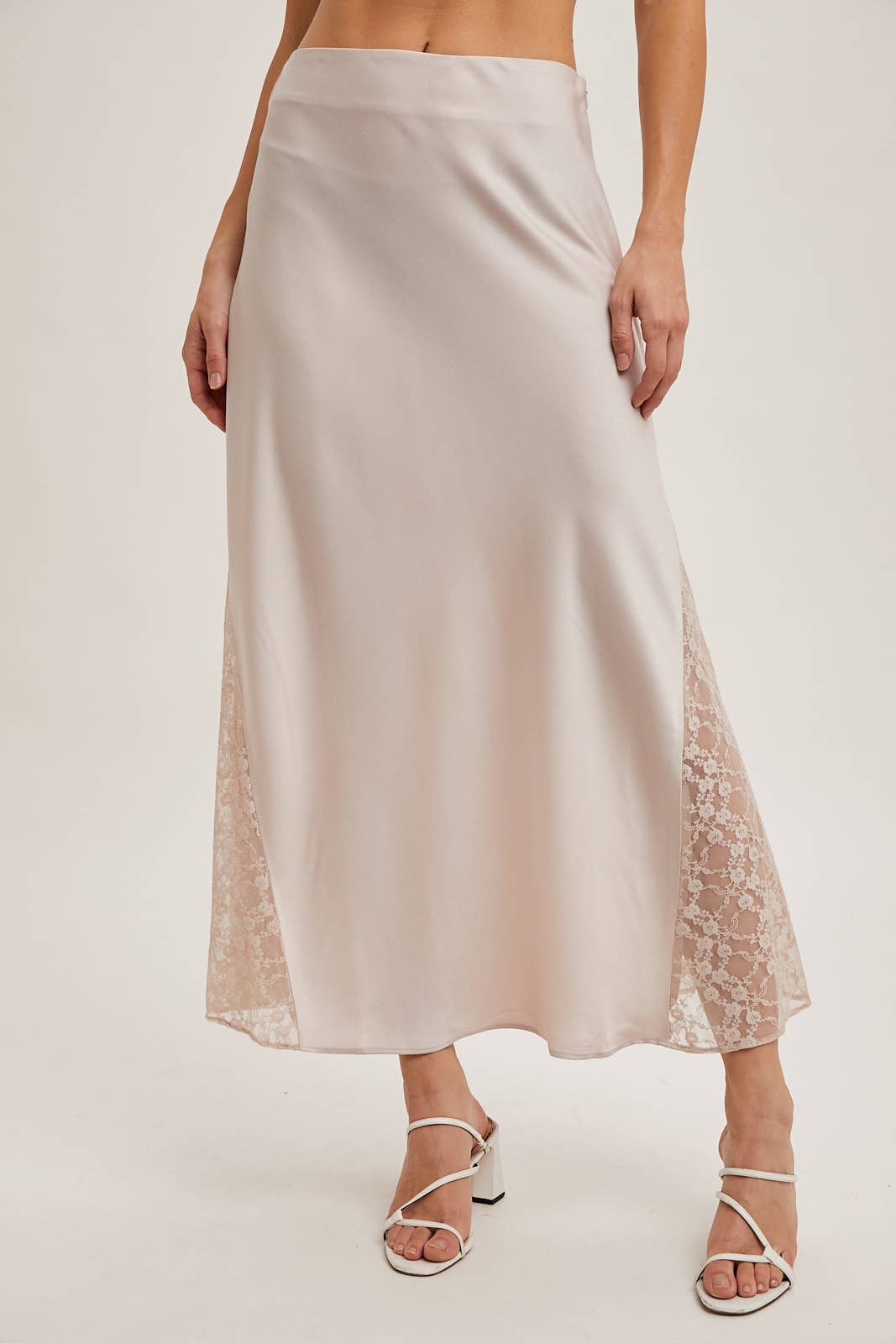LACE TRIMMED MID-RISE SATIN MIDI SKIRT