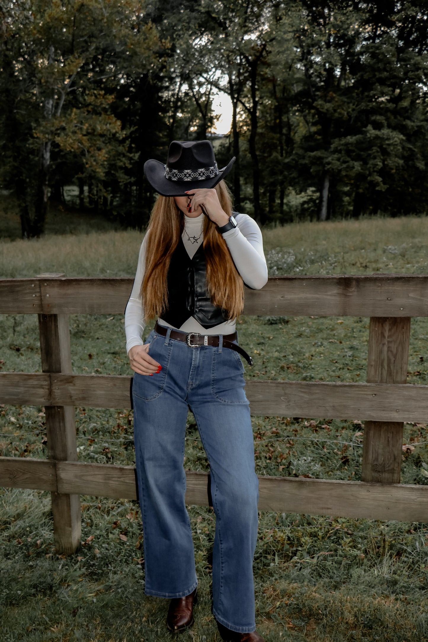 Vegan Felt Southwest Pattern Belt Cowboy Hat