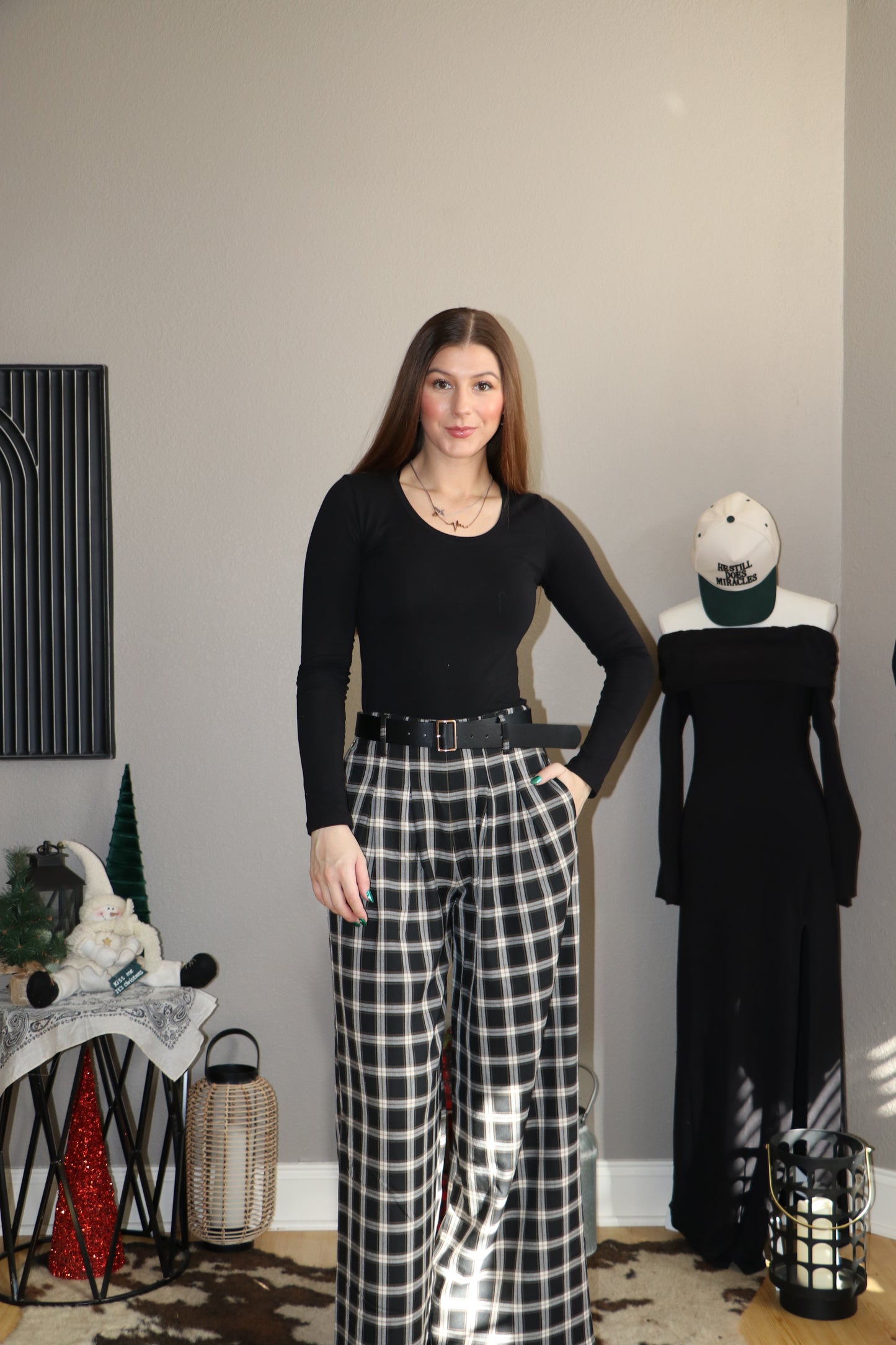 Pleats Detail Belted Side Zipper Plaid Woven Wide Long Pants