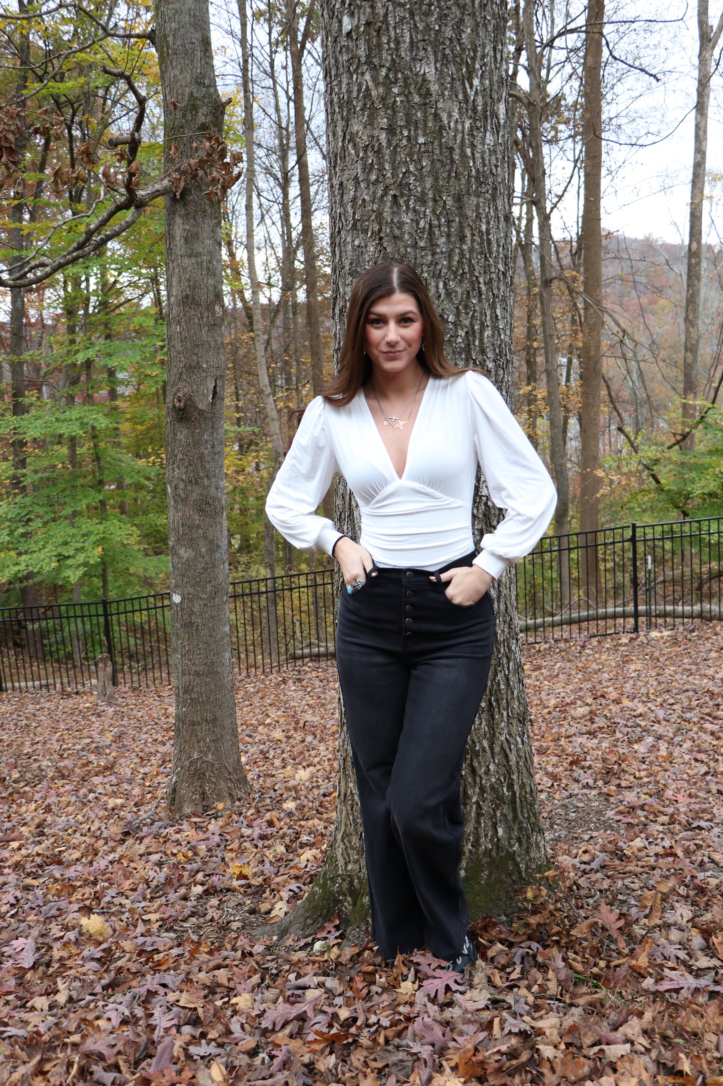 Plunge Neck Peasant Sleeve Bodysuit