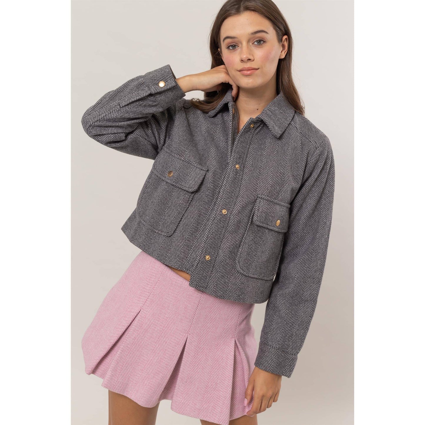 Herringbone Crop Button Down Jacket