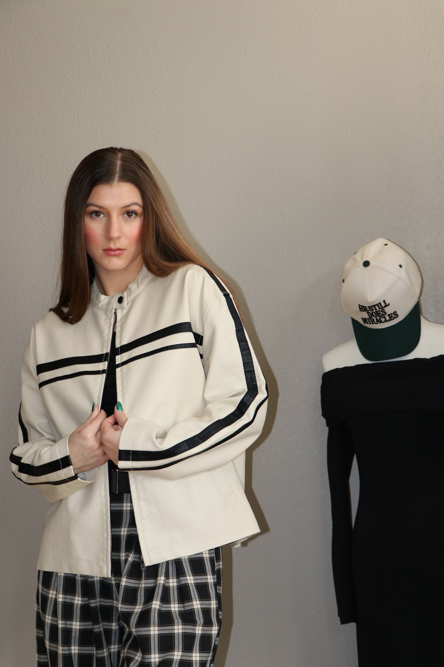 Long Sleeve Line Detail Washed Effect Faux Leather Jacket