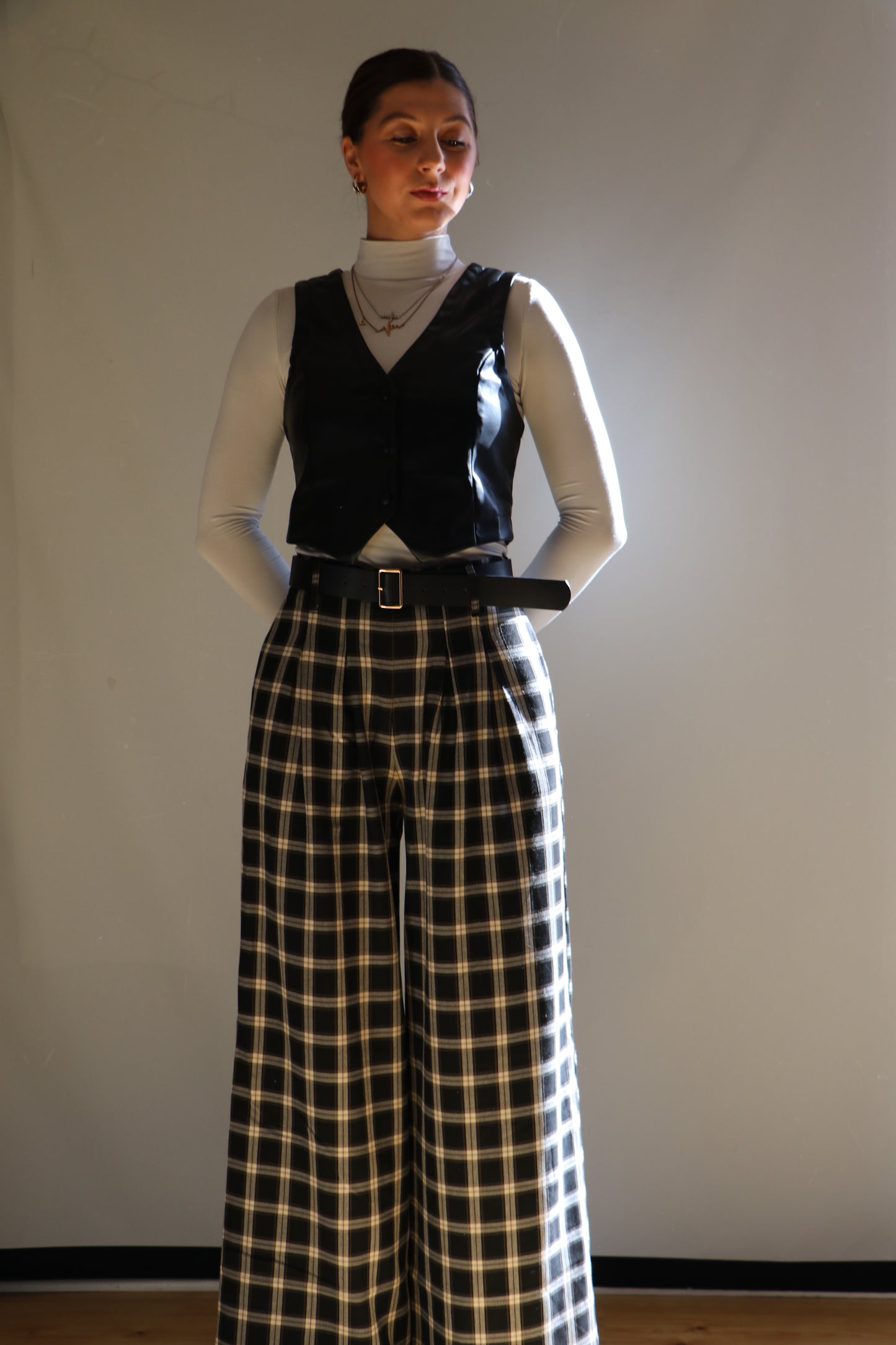 Pleats Detail Belted Side Zipper Plaid Woven Wide Long Pants