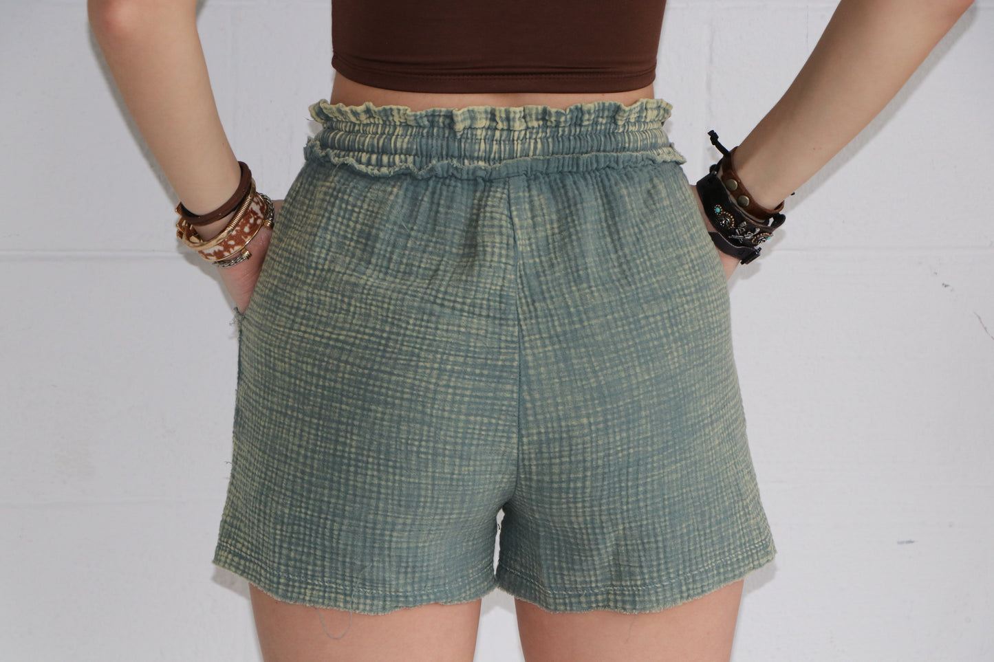 Green Washed Double Gauze Lightweight Drawstring Shorts